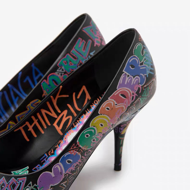Balenciaga Graffiti Print Pointed-Toe Pumps – Black Multicolor