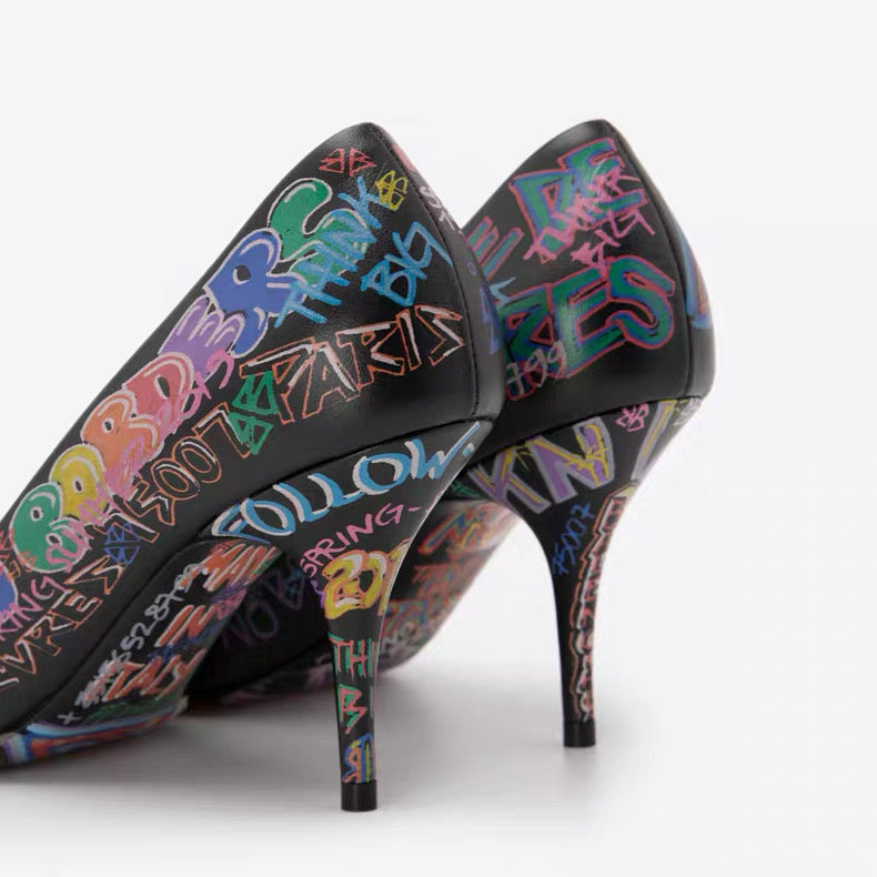 Balenciaga Graffiti Print Pointed-Toe Pumps – Black Multicolor