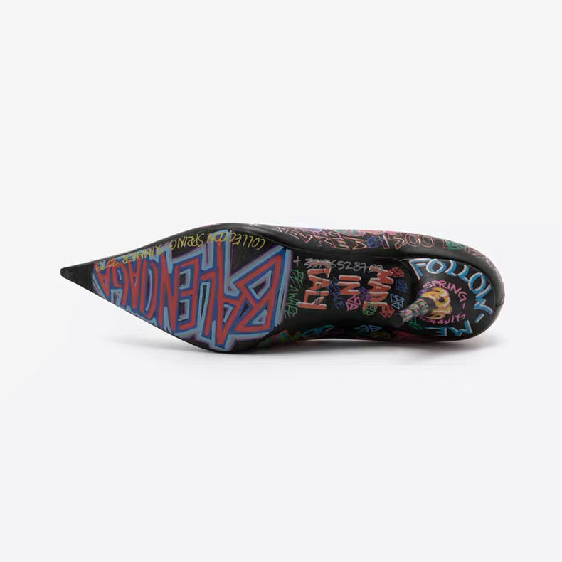 Balenciaga Graffiti Print Pointed-Toe Pumps – Black Multicolor