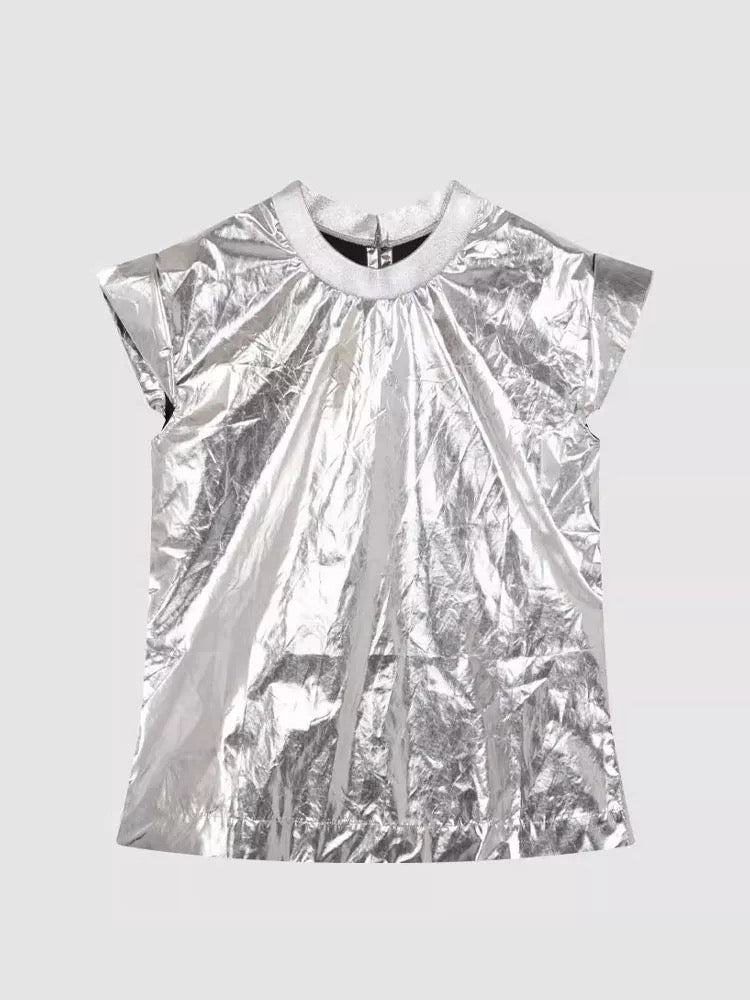 Alexander McQueen Metallic Foil Short-Sleeve Top – Silver