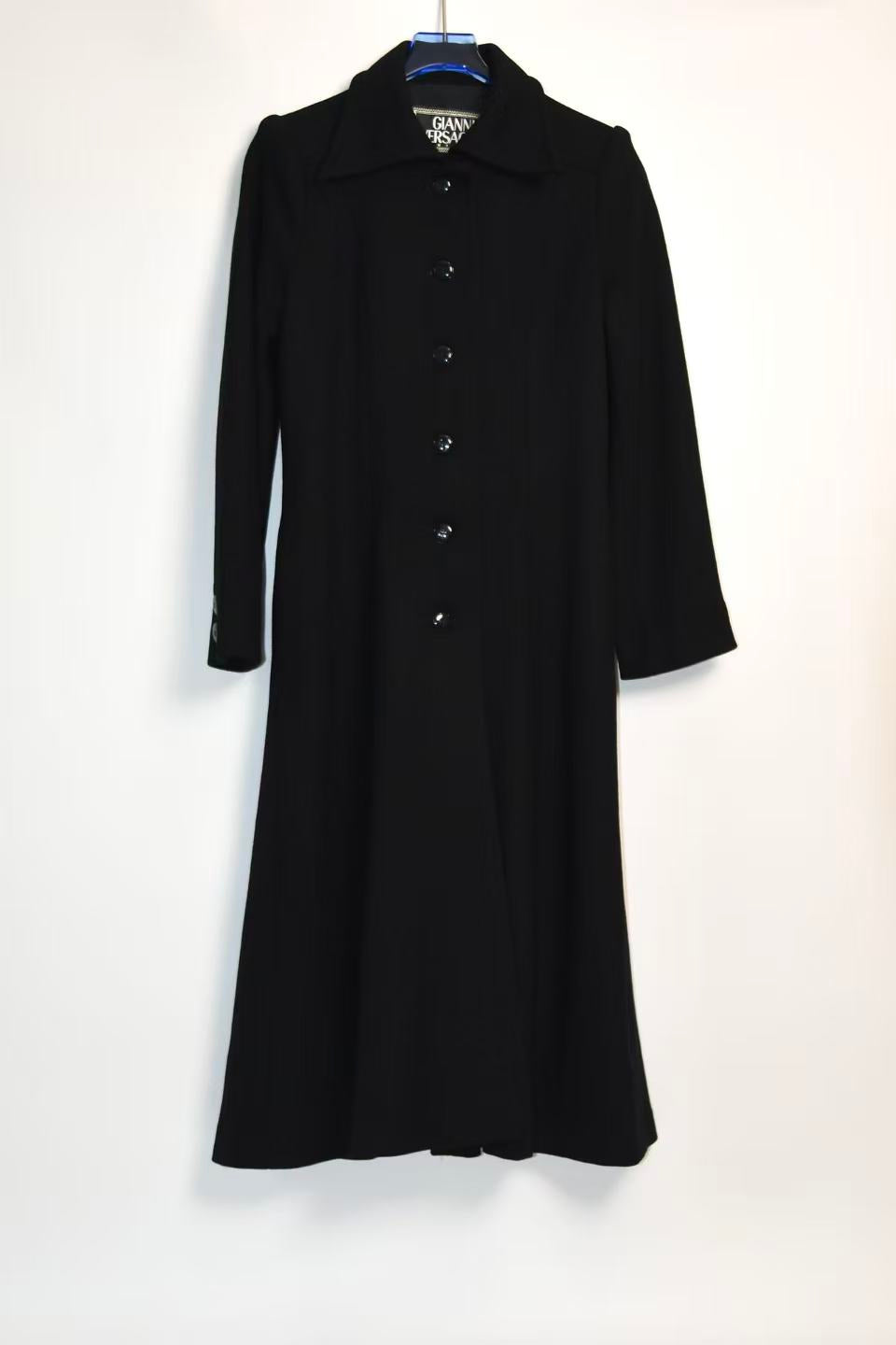 Gianni Versace Couture Vintage Black Wool Coat with Structured Collar & Full Button Front (Rare 90s Archive Piece)
