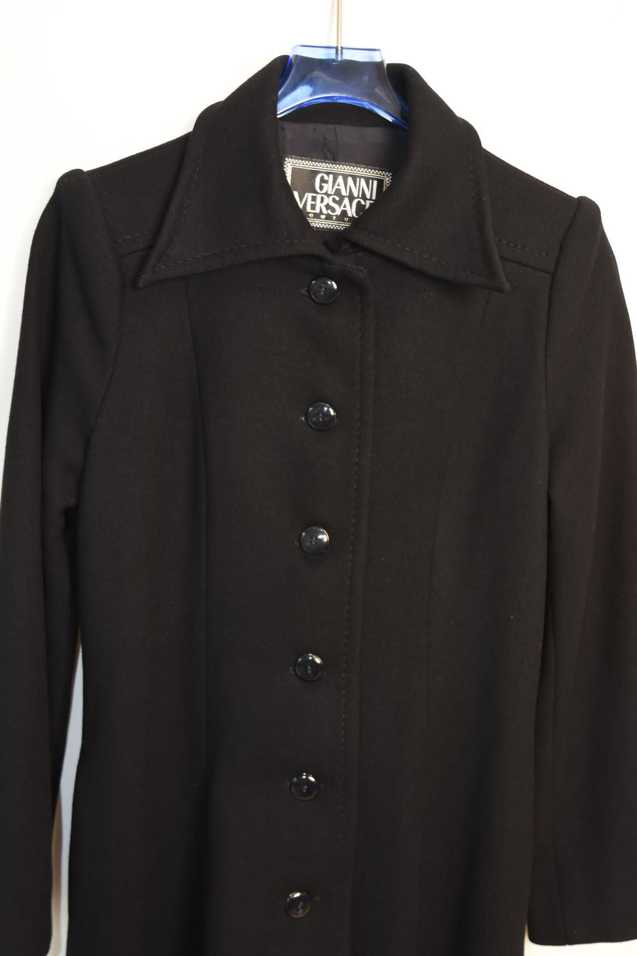 Gianni Versace Couture Vintage Black Wool Coat with Structured Collar & Full Button Front (Rare 90s Archive Piece)