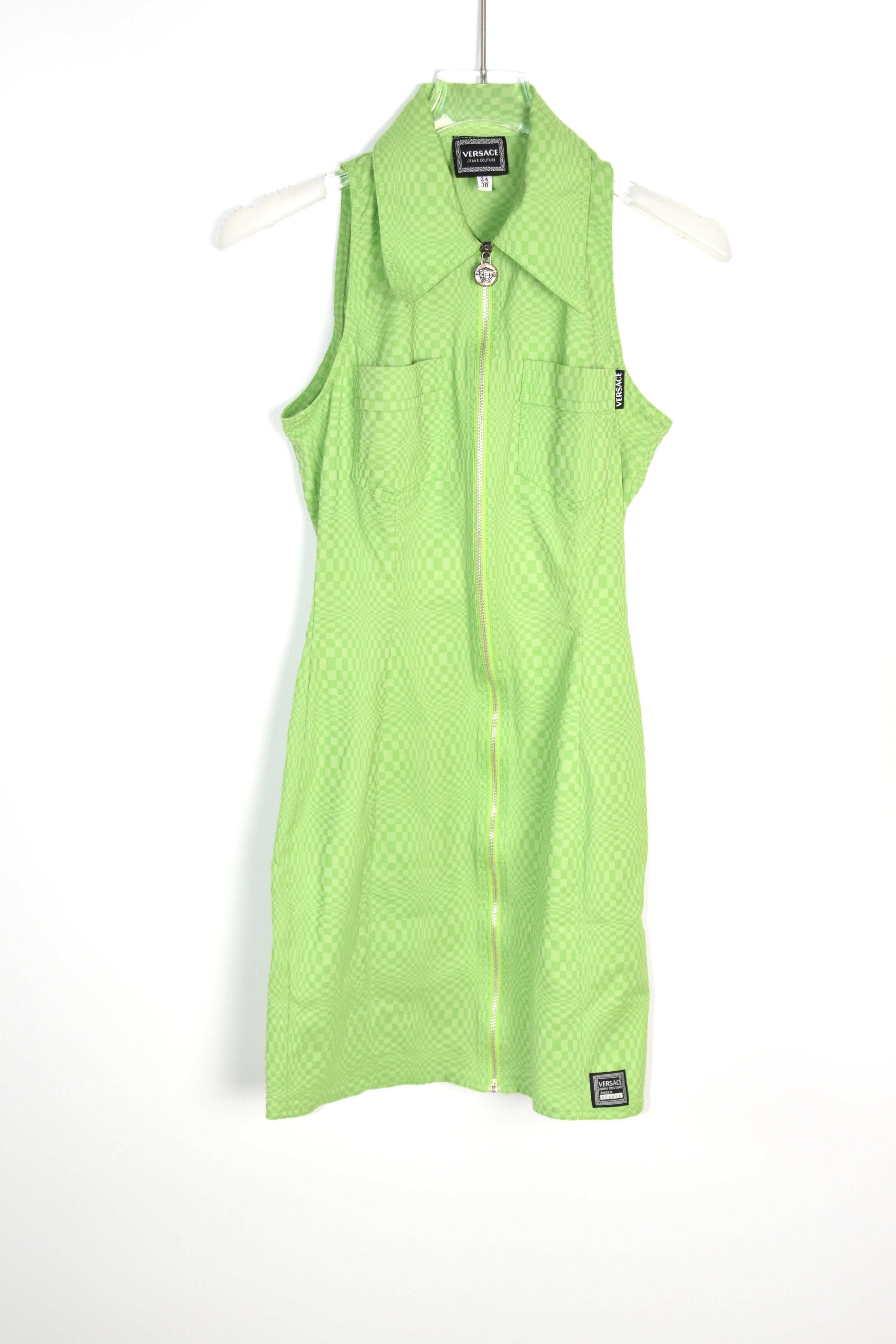 Versace Jeans Couture Green Checkered Zip-Up Sleeveless Mini Dress – Y2K Vintage Italy