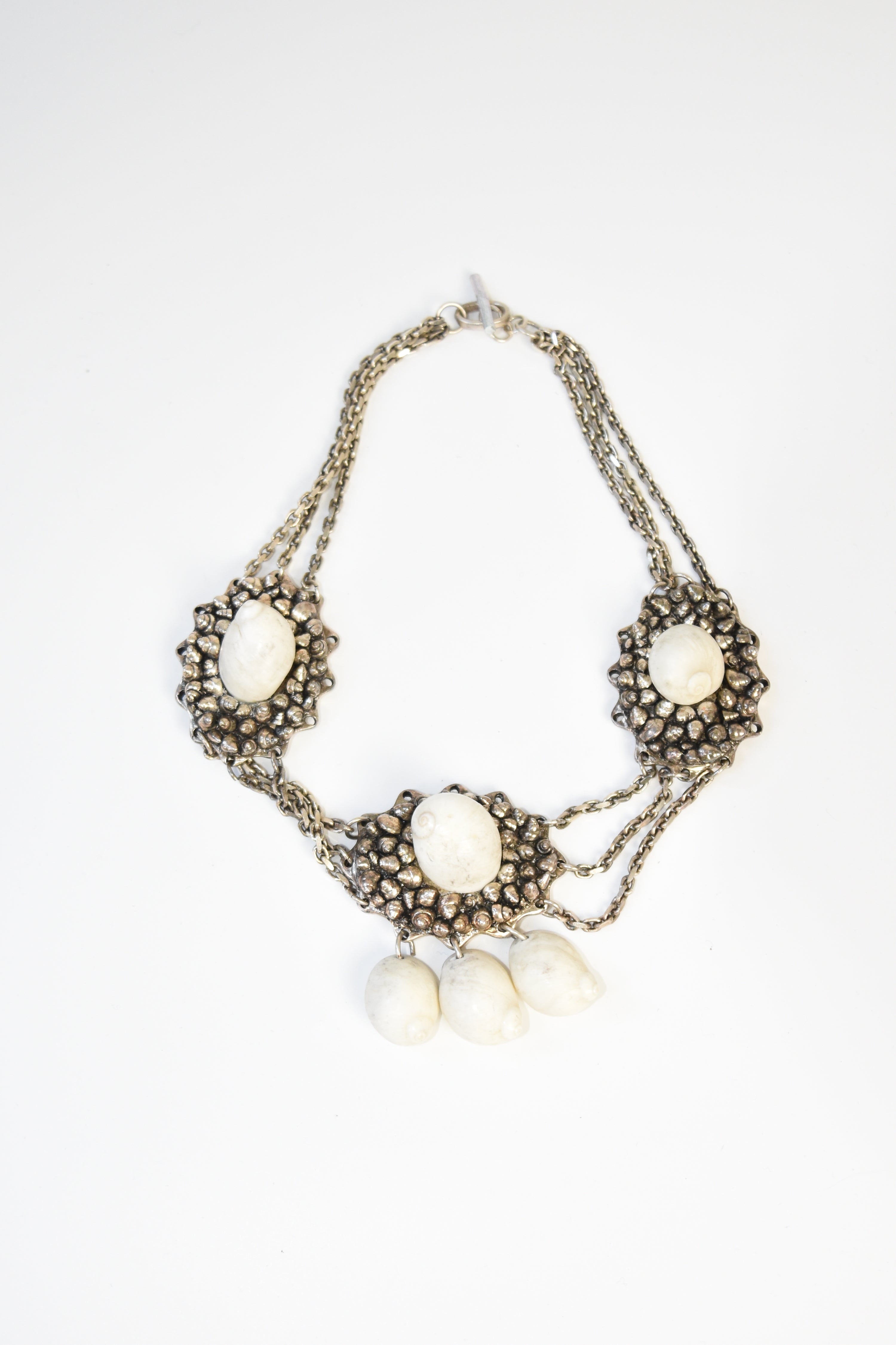 Chantal Thomass Vintage Triple Medallion Shell Necklace with Layered Chains & Dangle Drops (Rare Archive Jewelry)