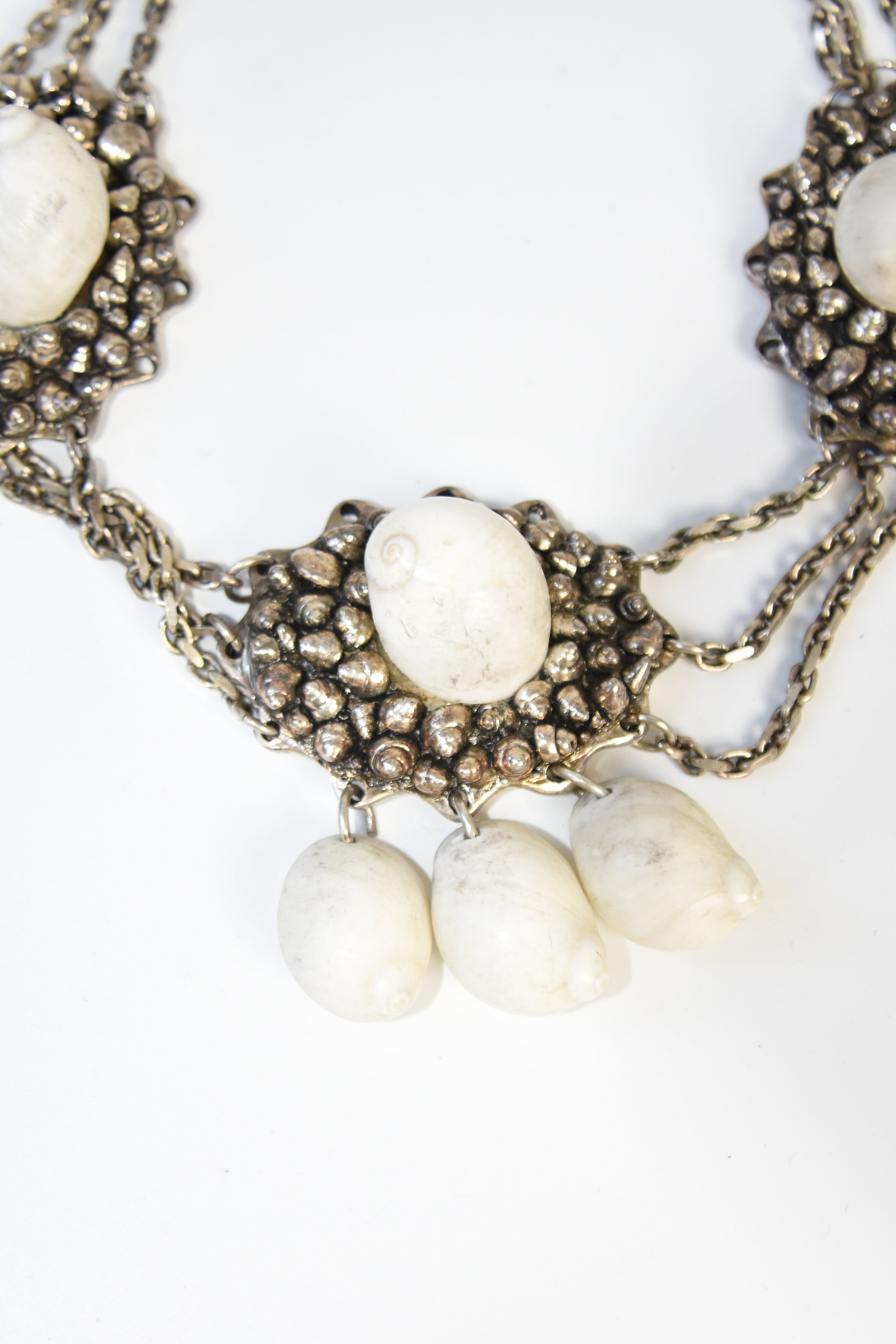 Chantal Thomass Vintage Triple Medallion Shell Necklace with Layered Chains & Dangle Drops (Rare Archive Jewelry)
