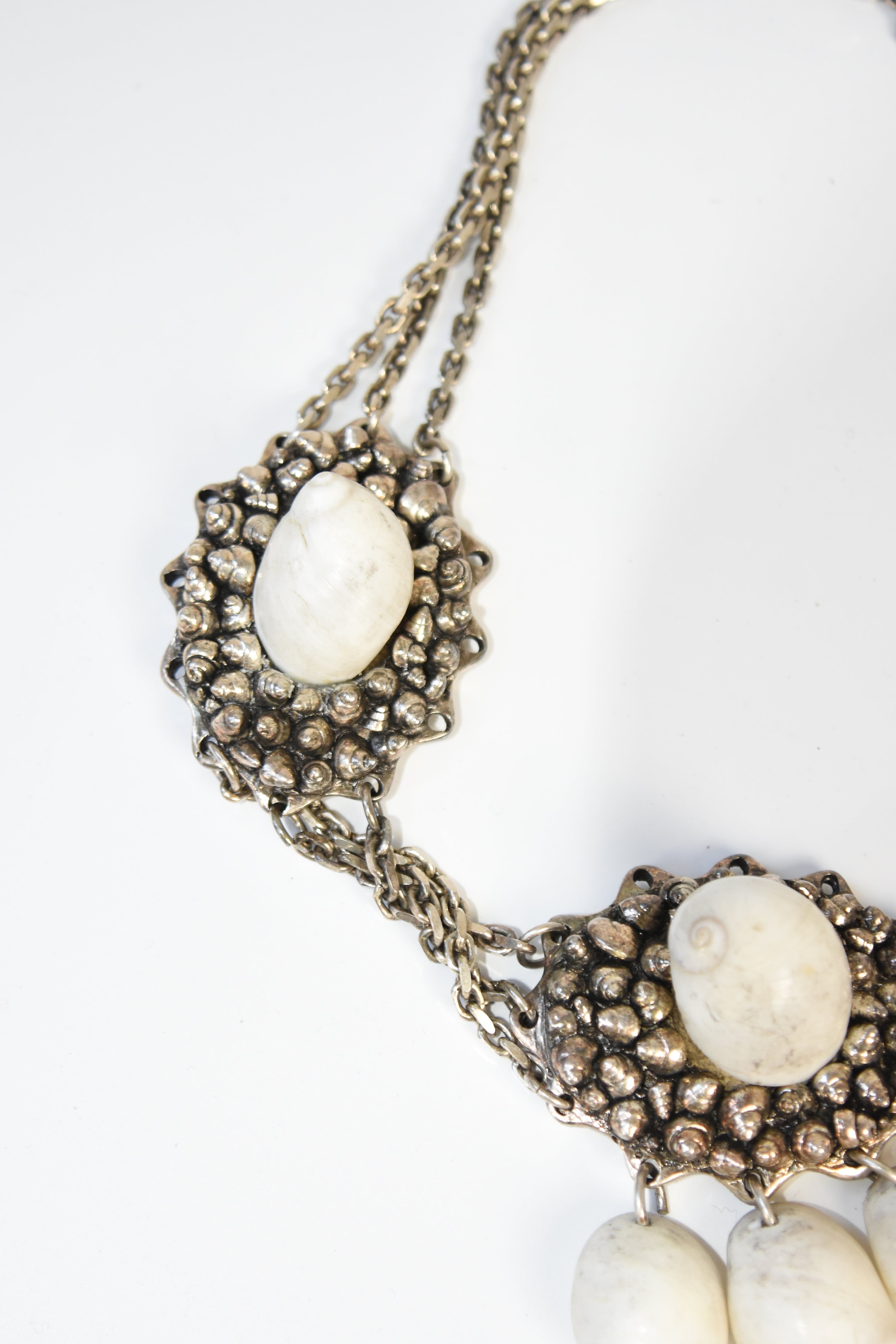 Chantal Thomass Vintage Triple Medallion Shell Necklace with Layered Chains & Dangle Drops (Rare Archive Jewelry)