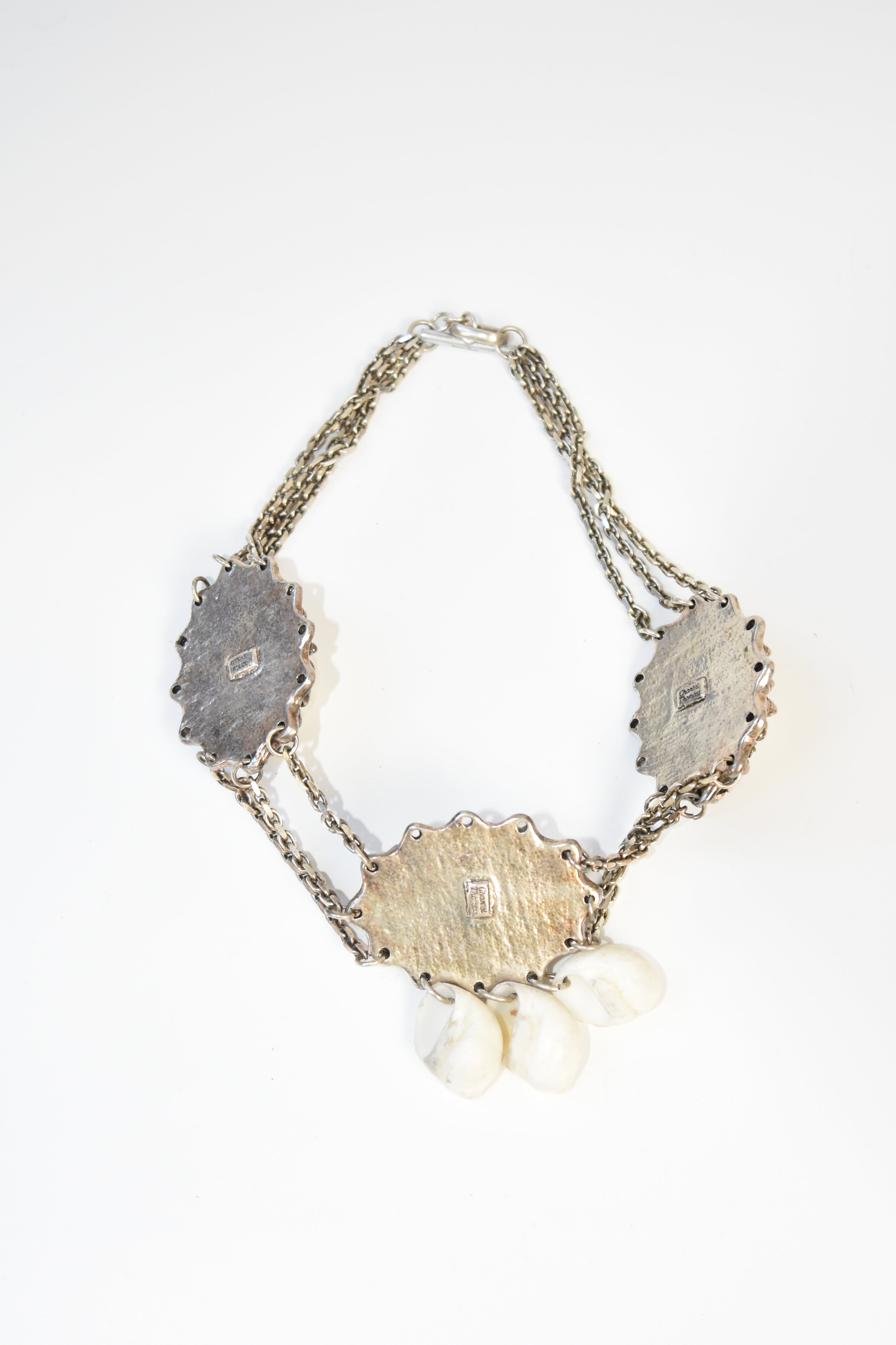 Chantal Thomass Vintage Triple Medallion Shell Necklace with Layered Chains & Dangle Drops (Rare Archive Jewelry)