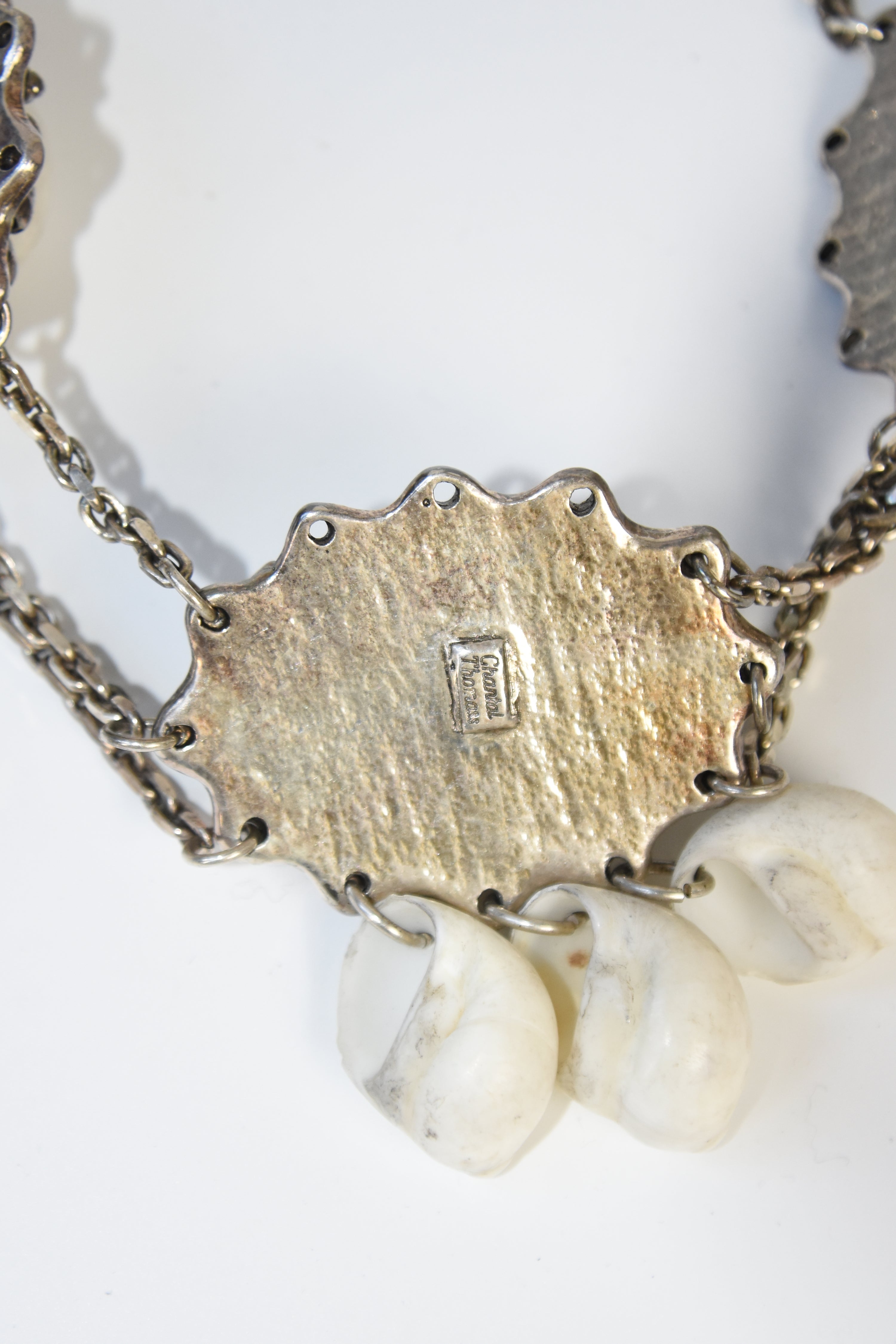 Chantal Thomass Vintage Triple Medallion Shell Necklace with Layered Chains & Dangle Drops (Rare Archive Jewelry)