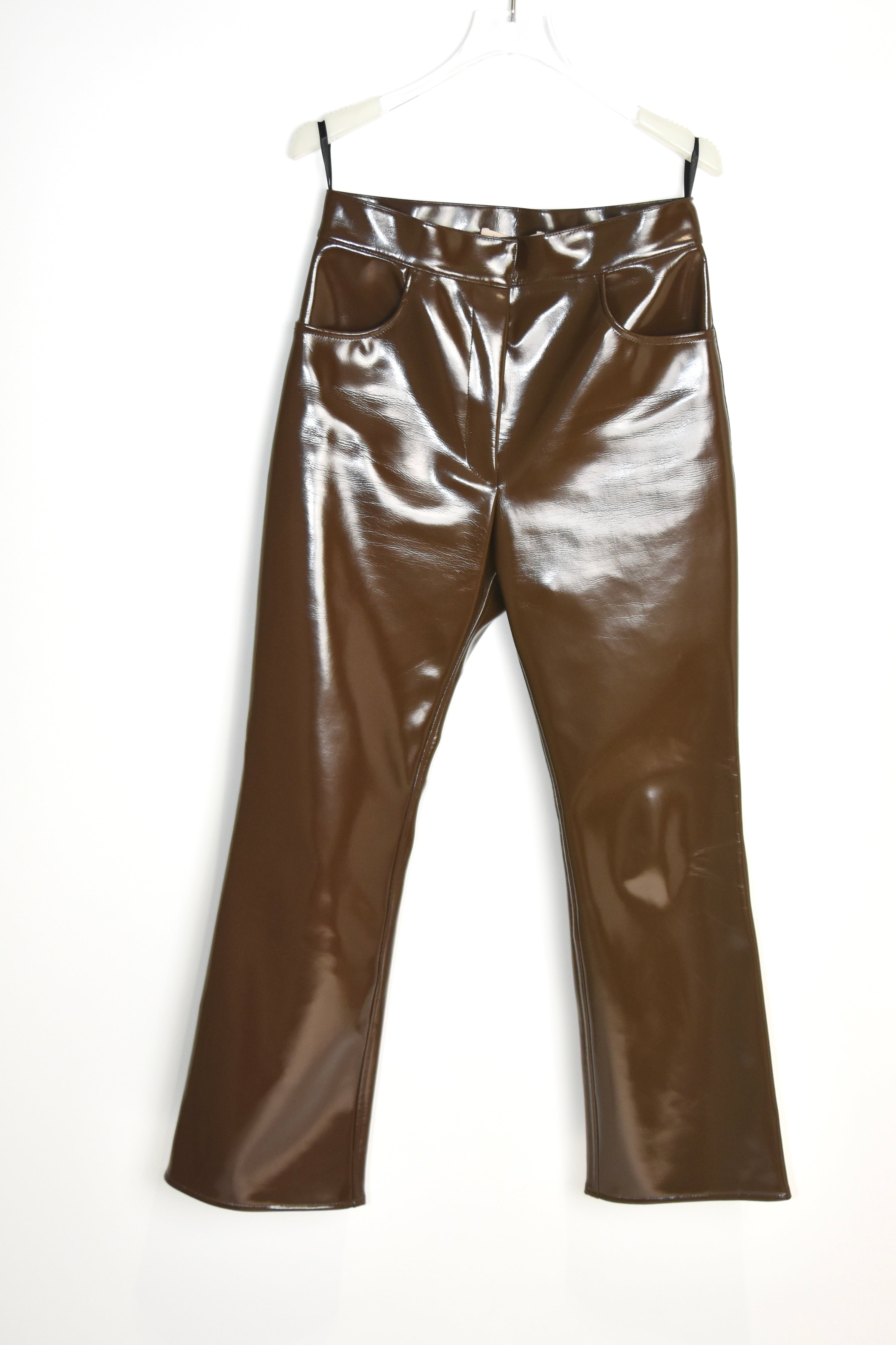 Christopher Kane Brown High-Gloss Vinyl Trousers – Runway-Inspired Sculptural Silhouette