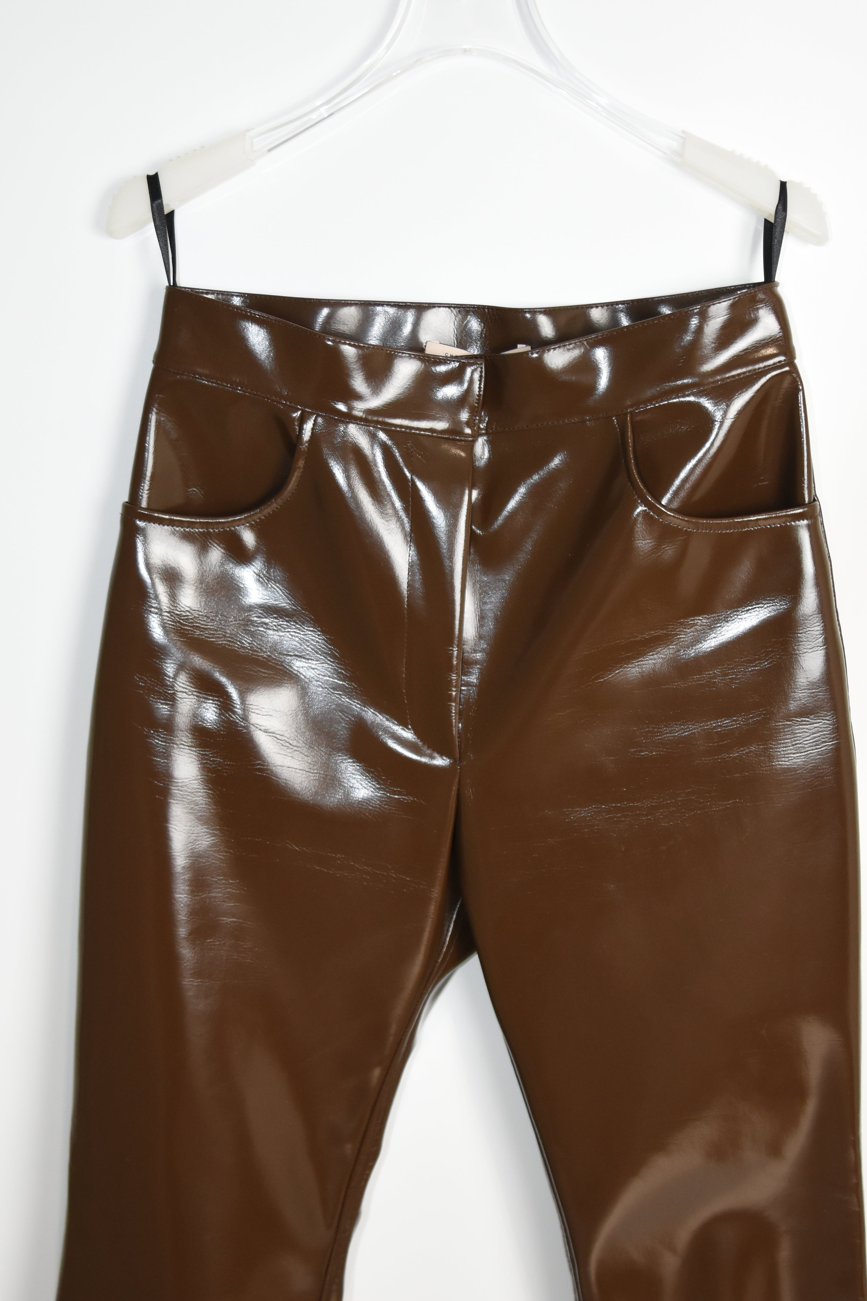 Christopher Kane Brown High-Gloss Vinyl Trousers – Runway-Inspired Sculptural Silhouette