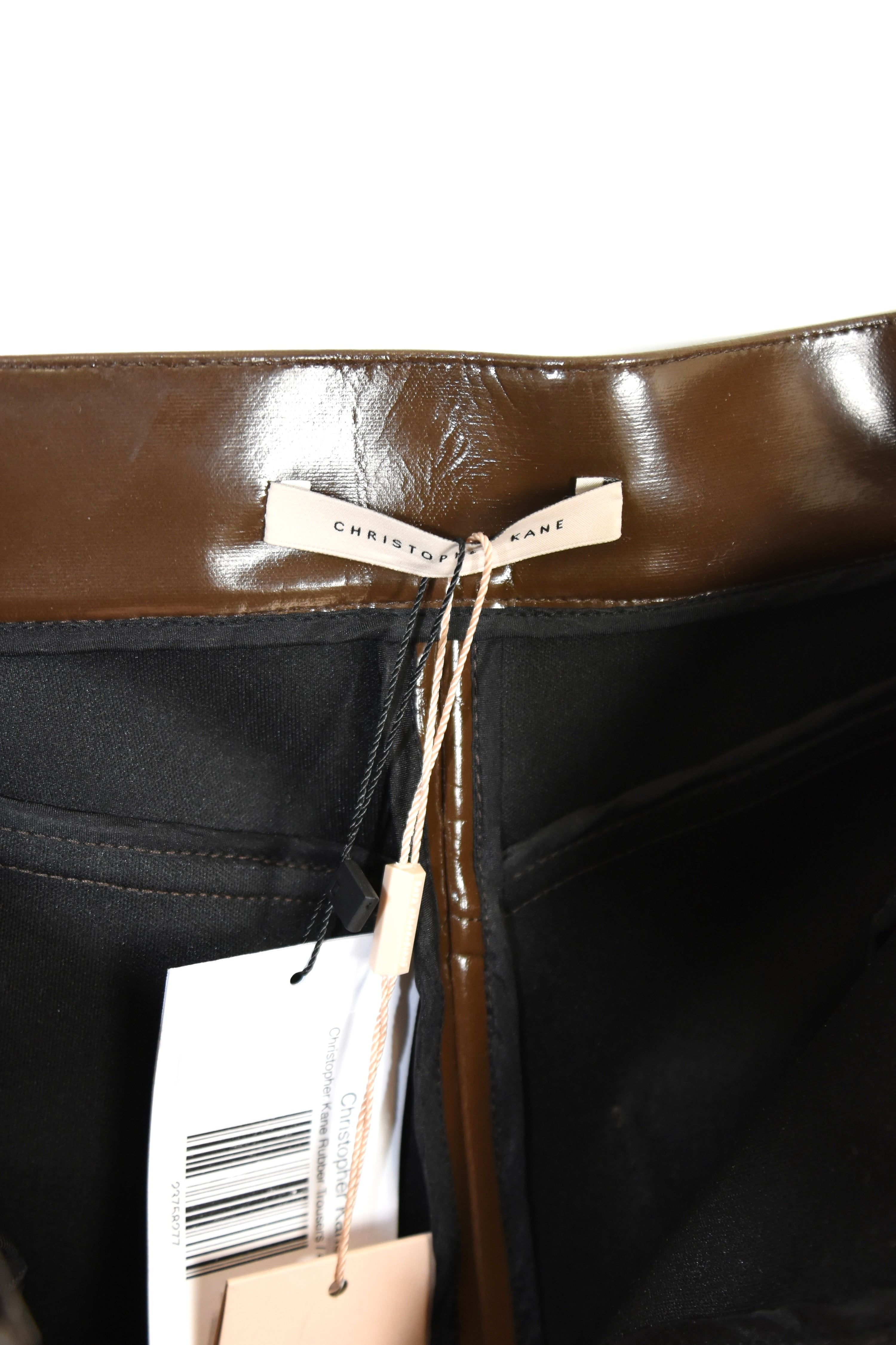 Christopher Kane Brown High-Gloss Vinyl Trousers – Runway-Inspired Sculptural Silhouette