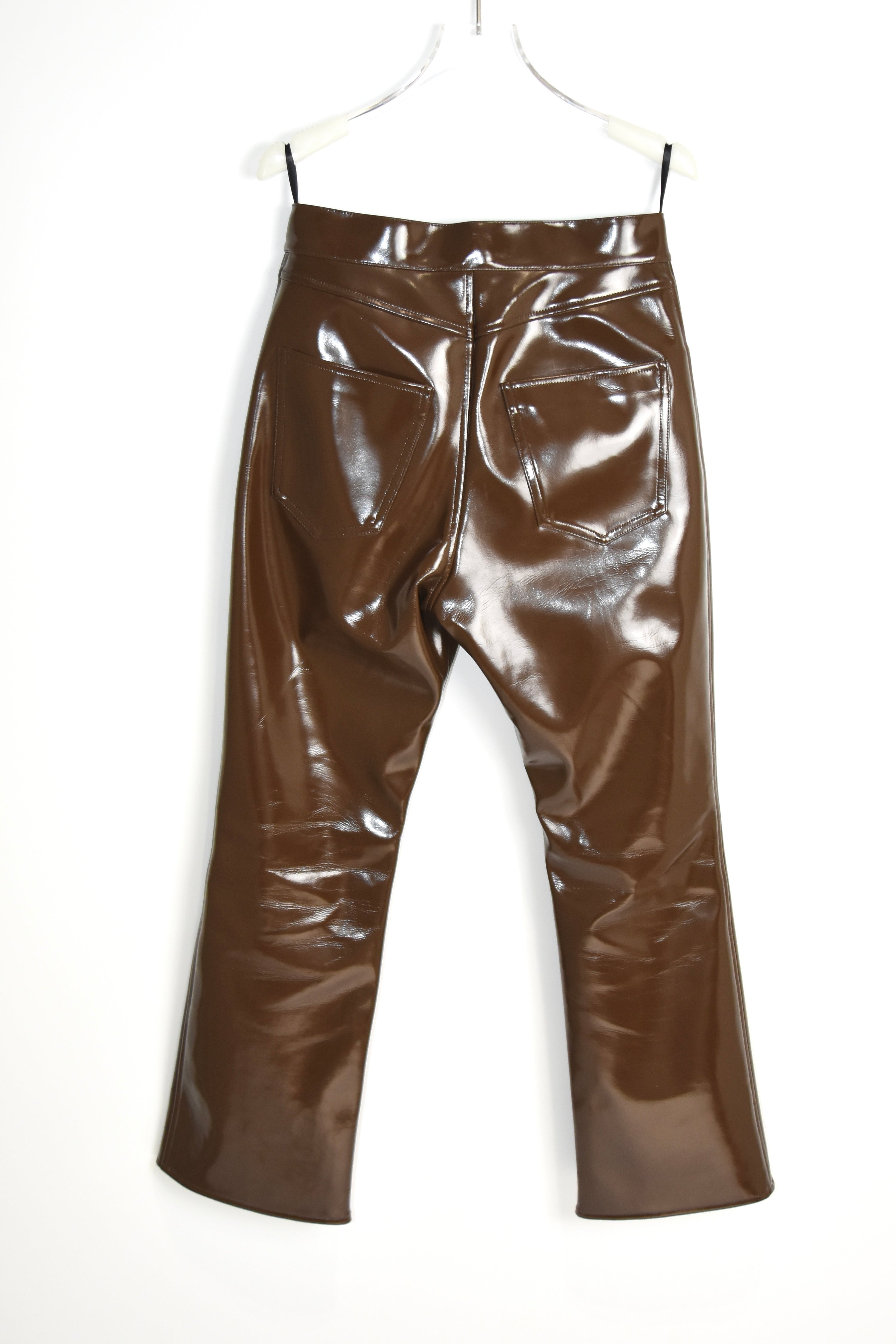 Christopher Kane Brown High-Gloss Vinyl Trousers – Runway-Inspired Sculptural Silhouette