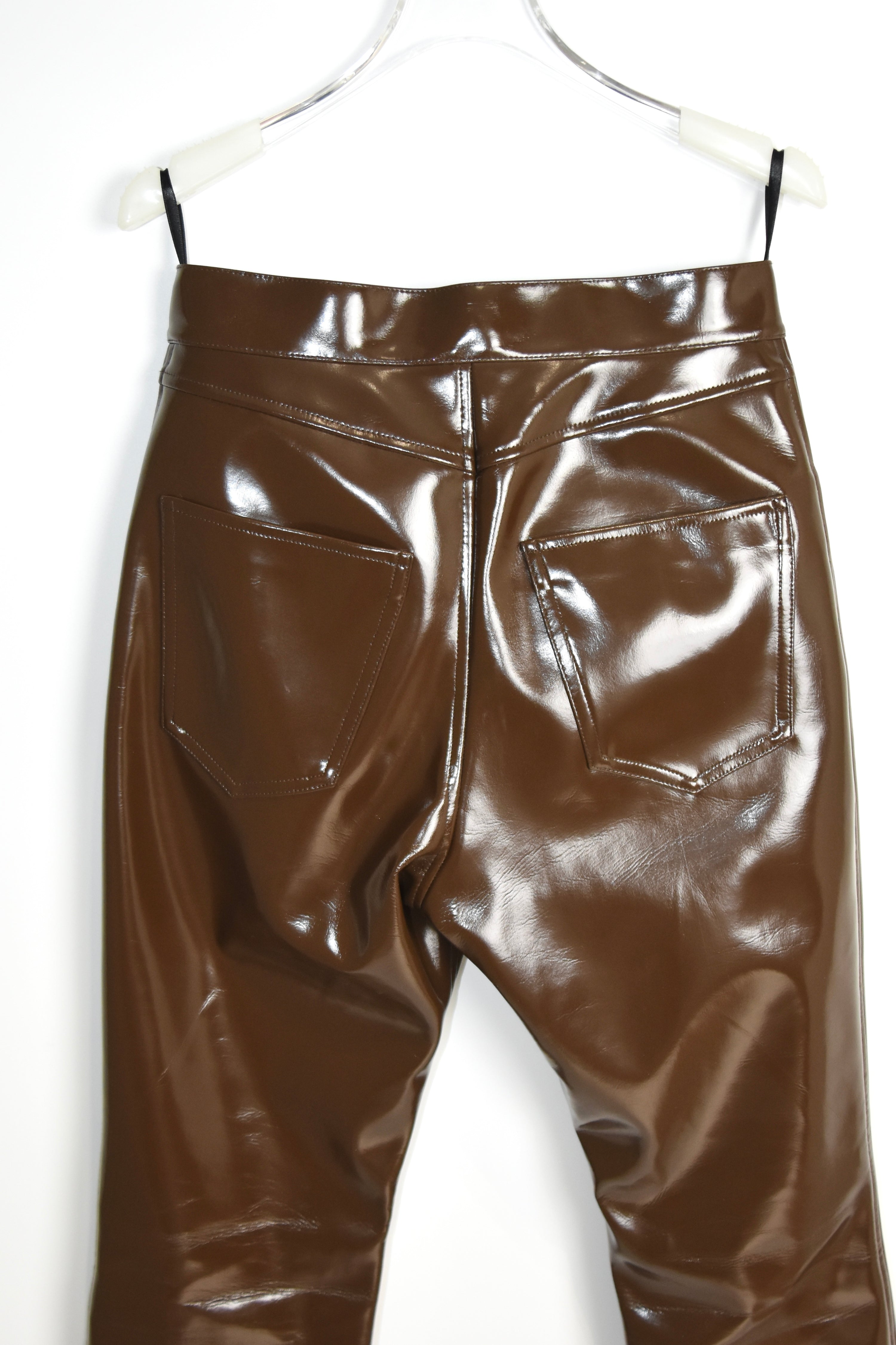 Christopher Kane Brown High-Gloss Vinyl Trousers – Runway-Inspired Sculptural Silhouette
