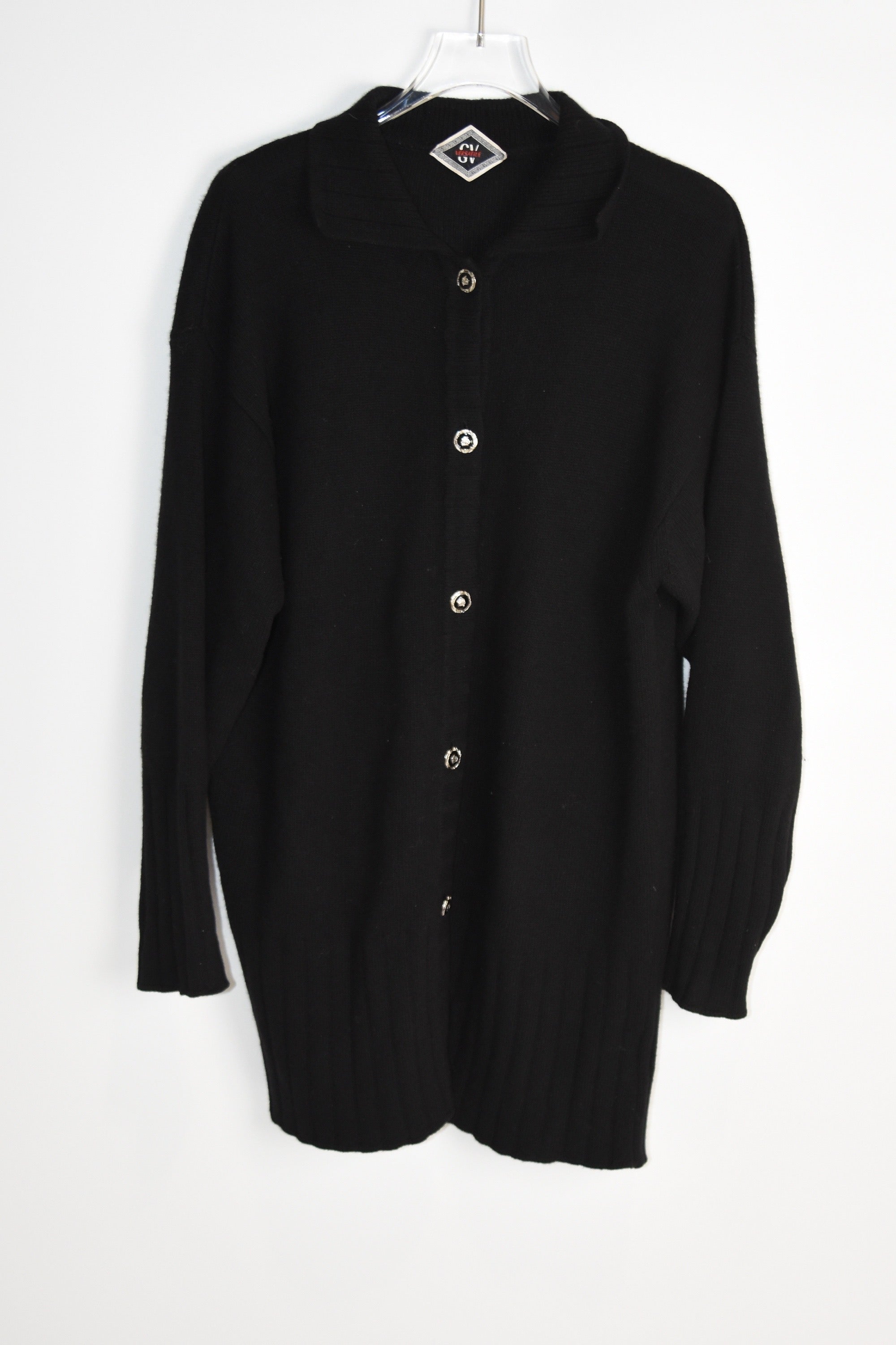 Gianni Versace “Versatile” Vintage Cashmere Knit Cardigan – Black, Silver Logo Buttons, Made in Italy (Fits S–M)