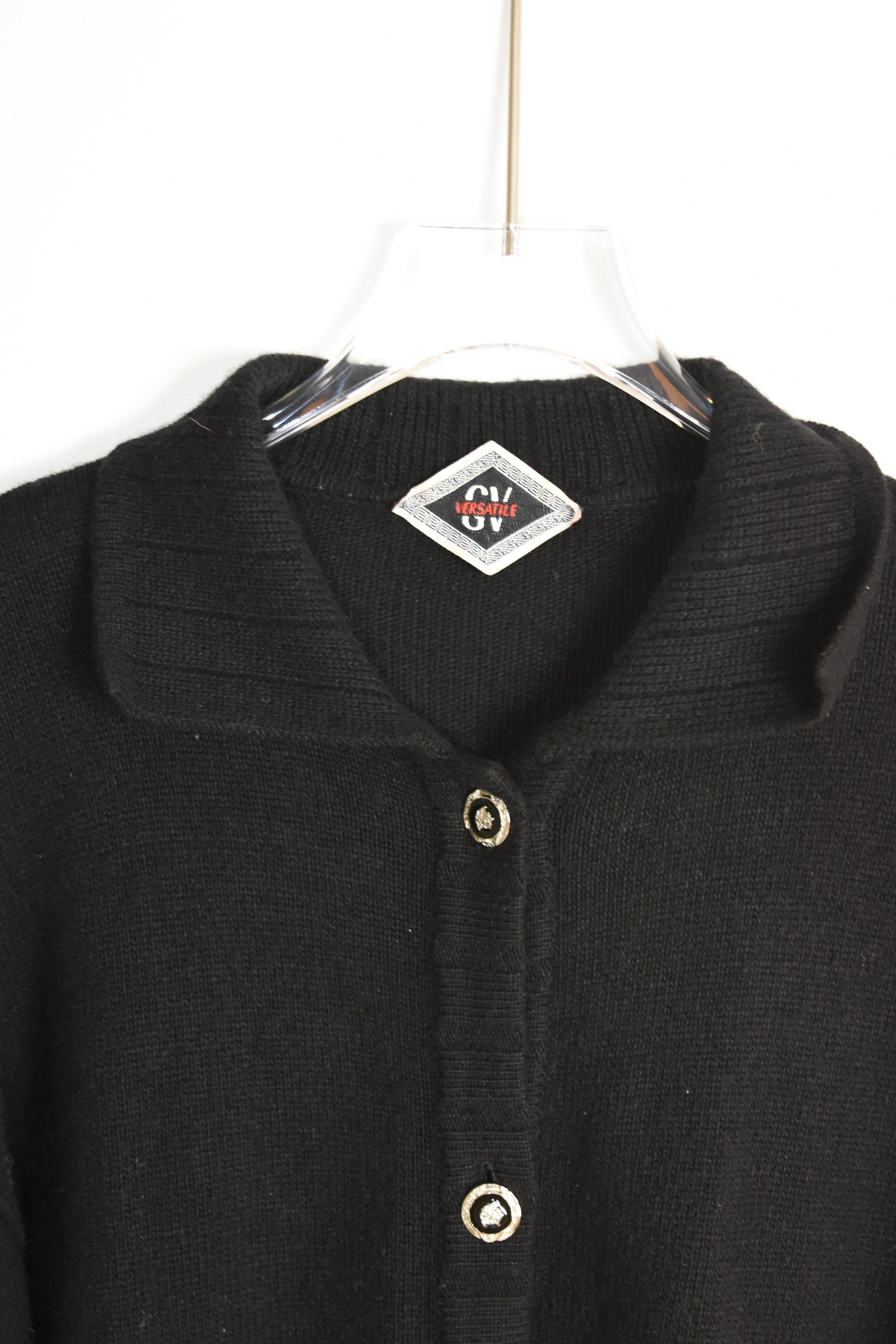 Gianni Versace “Versatile” Vintage Cashmere Knit Cardigan – Black, Silver Logo Buttons, Made in Italy (Fits S–M)