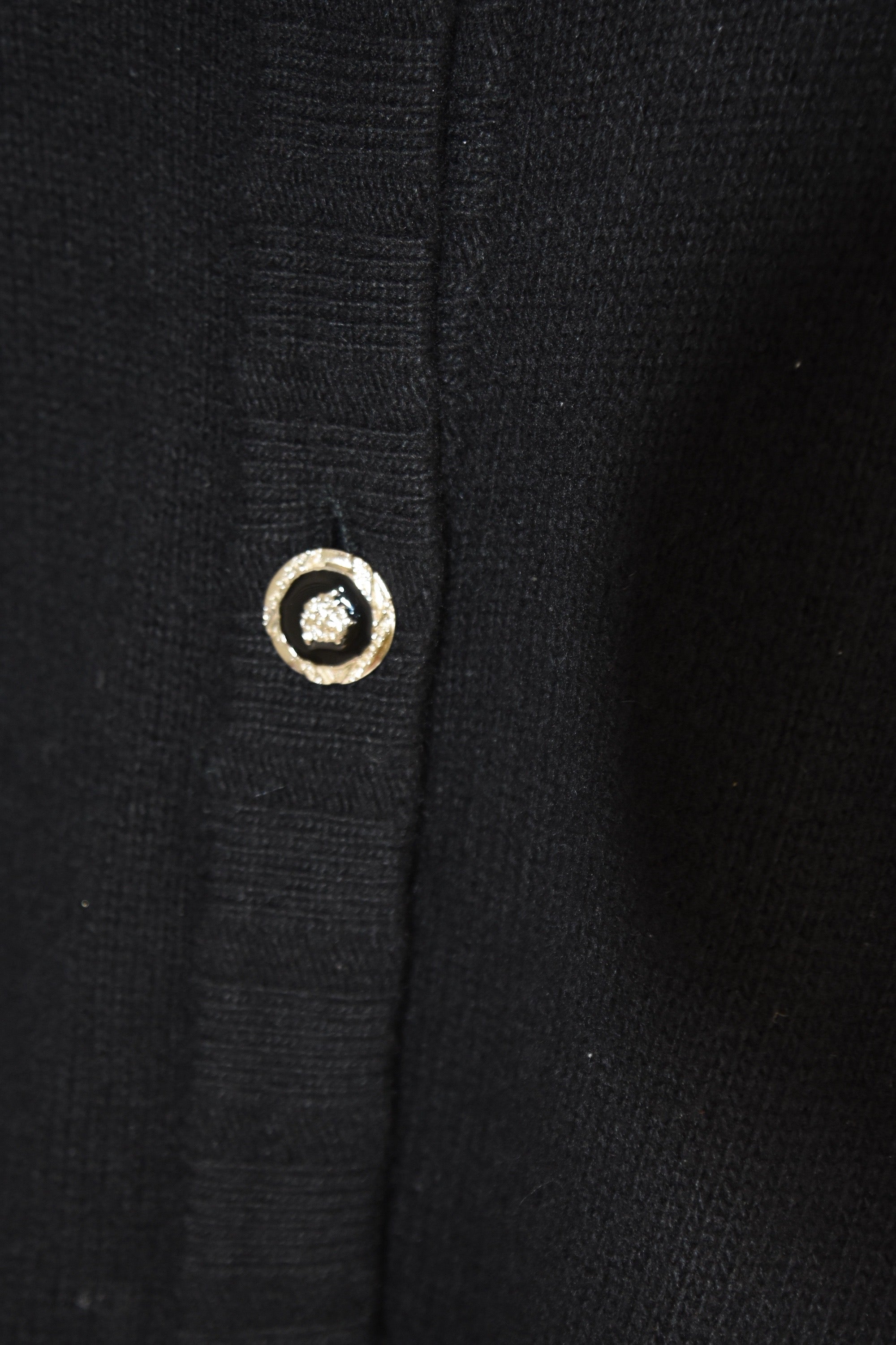Gianni Versace “Versatile” Vintage Cashmere Knit Cardigan – Black, Silver Logo Buttons, Made in Italy (Fits S–M)