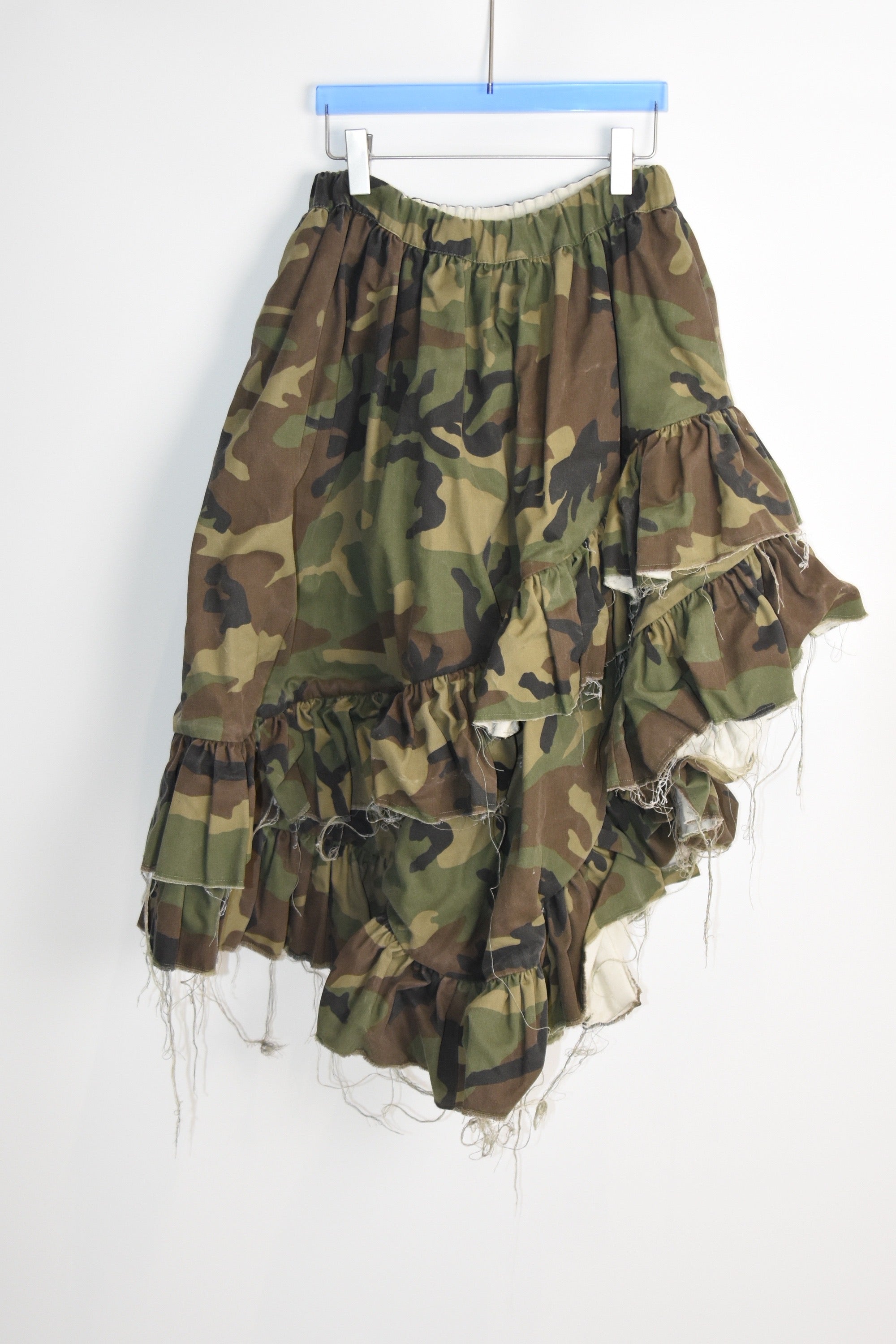 Vaquera Camouflage Ruffle Deconstructed Skirt – Asymmetric Frayed Hem, Made in USA, Elastic Waist (Fits S–M)