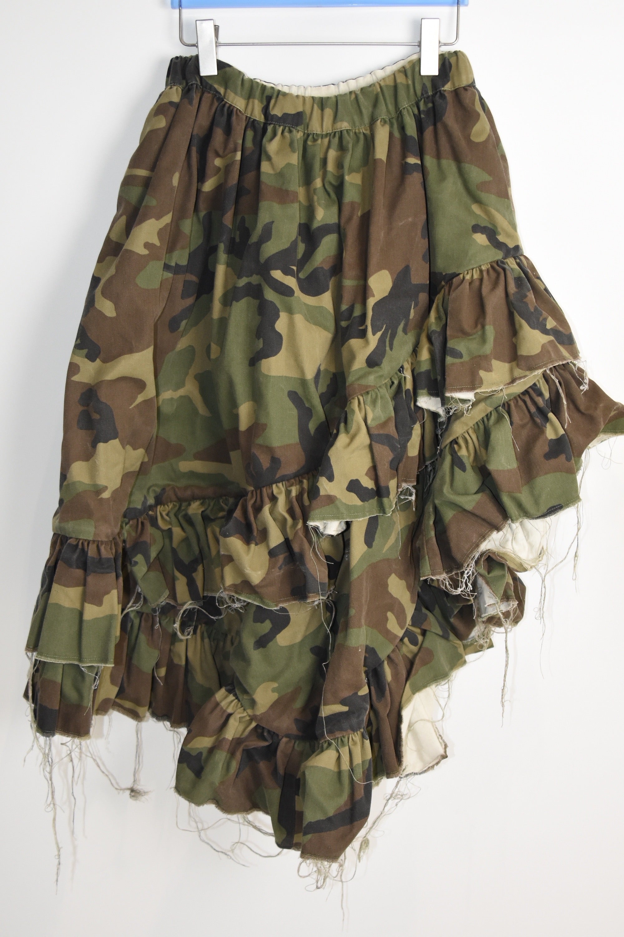 Vaquera Camouflage Ruffle Deconstructed Skirt – Asymmetric Frayed Hem, Made in USA, Elastic Waist (Fits S–M)