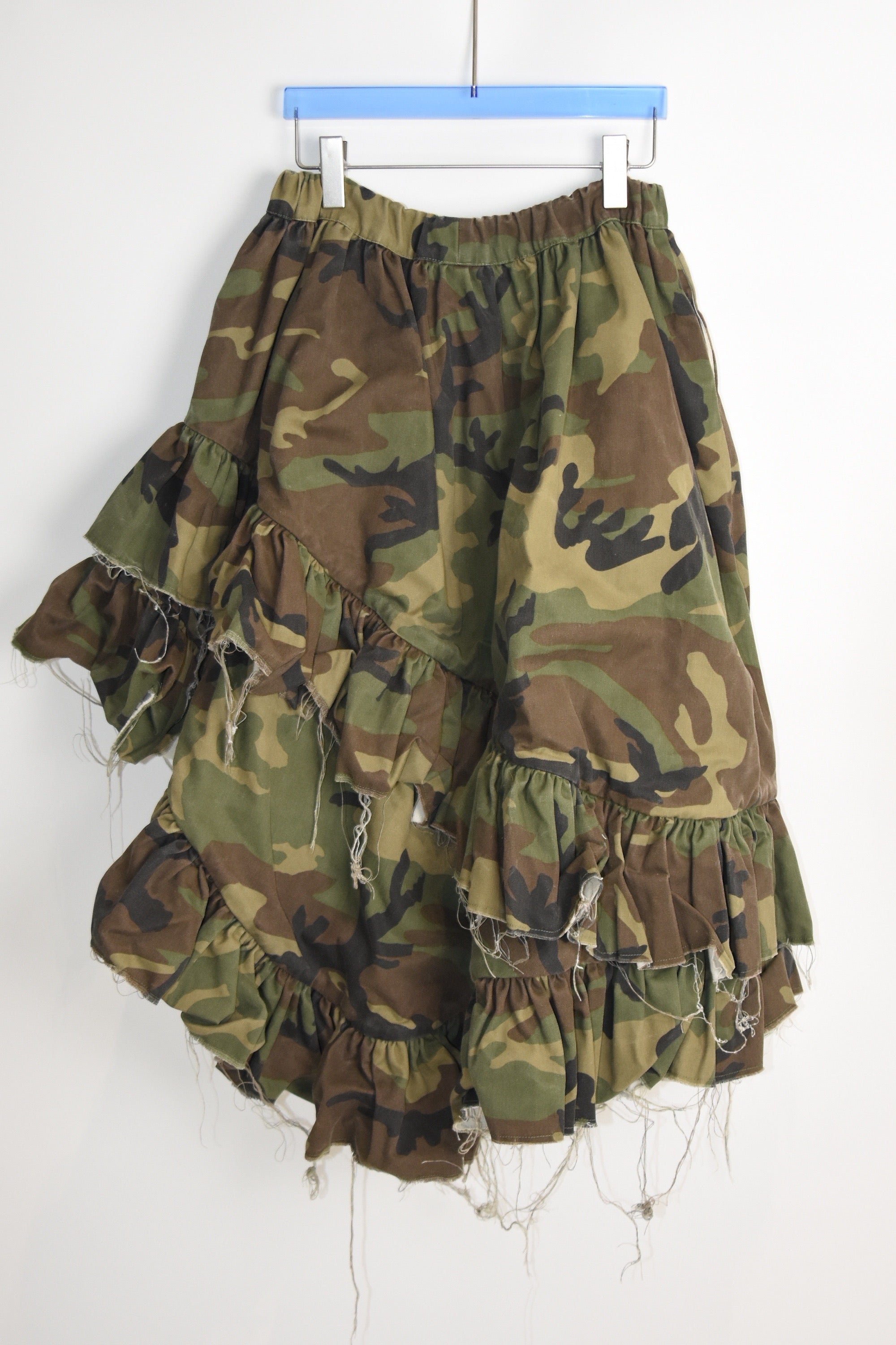 Vaquera Camouflage Ruffle Deconstructed Skirt – Asymmetric Frayed Hem, Made in USA, Elastic Waist (Fits S–M)