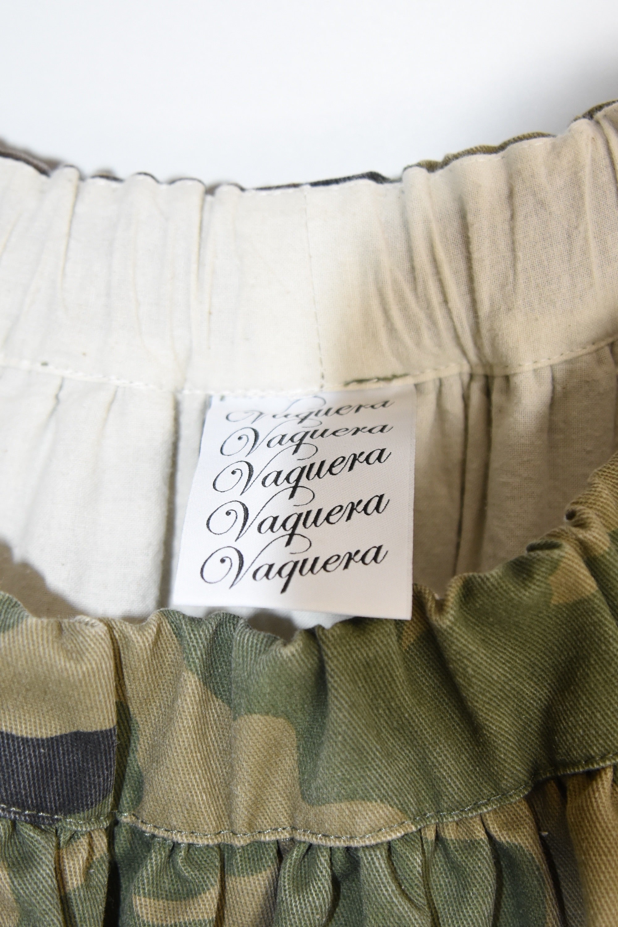 Vaquera Camouflage Ruffle Deconstructed Skirt – Asymmetric Frayed Hem, Made in USA, Elastic Waist (Fits S–M)