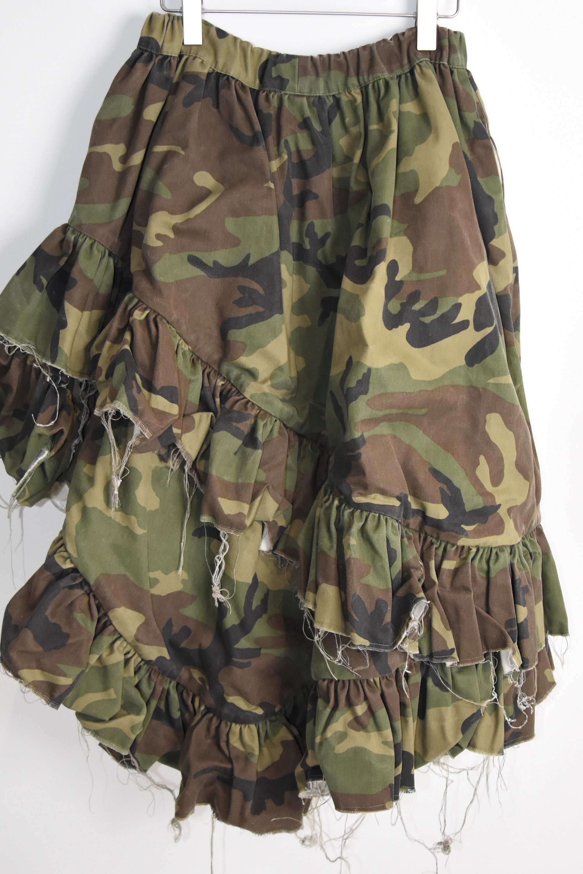 Vaquera Camouflage Ruffle Deconstructed Skirt – Asymmetric Frayed Hem, Made in USA, Elastic Waist (Fits S–M)