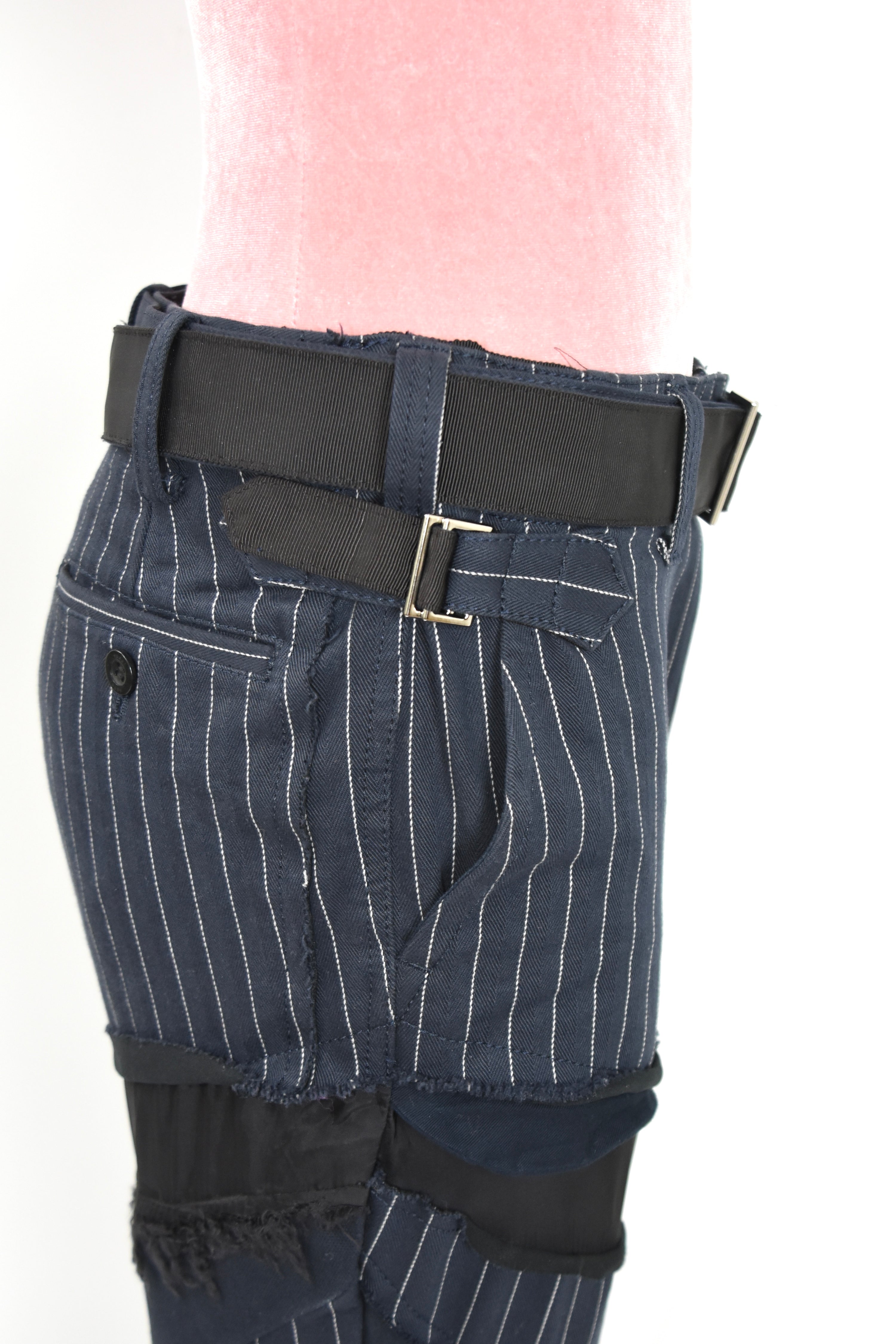 SACAI Hybrid Pinstripe Panel Deconstructed Pants – Model 18-03791 – Size 0 (Runway Construction / Japan Made)