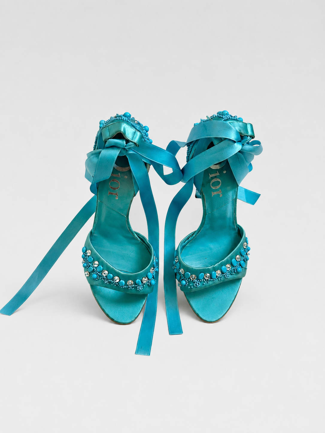 Christian Dior by John Galliano Turquoise Beaded Embellished Satin Ribbon Sandals