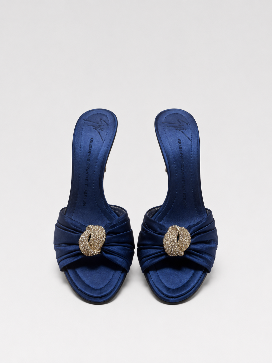 Giuseppe Zanotti Navy Satin Crystal Buckle Heeled Sandals Elegant Evening Mule Heels