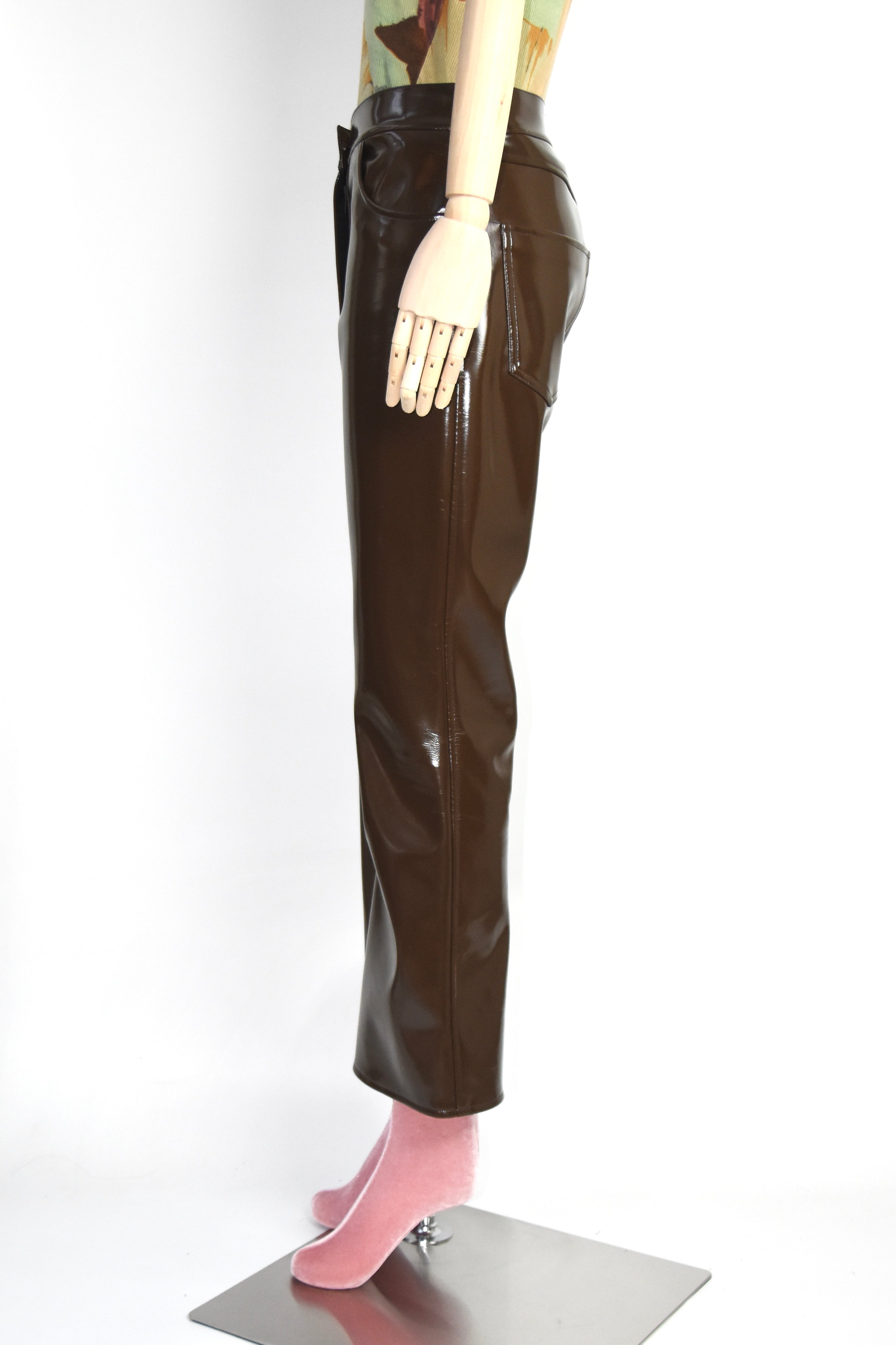 Christopher Kane Brown High-Gloss Vinyl Trousers – Runway-Inspired Sculptural Silhouette
