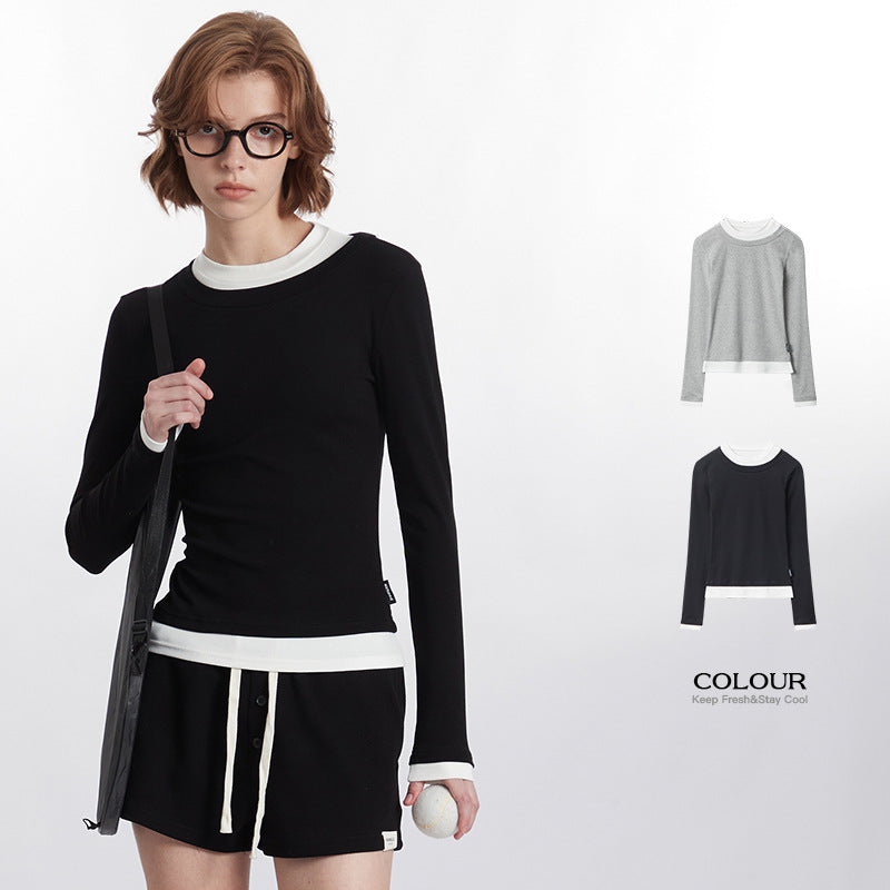 Color Block Trim Round Neck Long Sleeve T Women's New Slim Fit Shirt ins