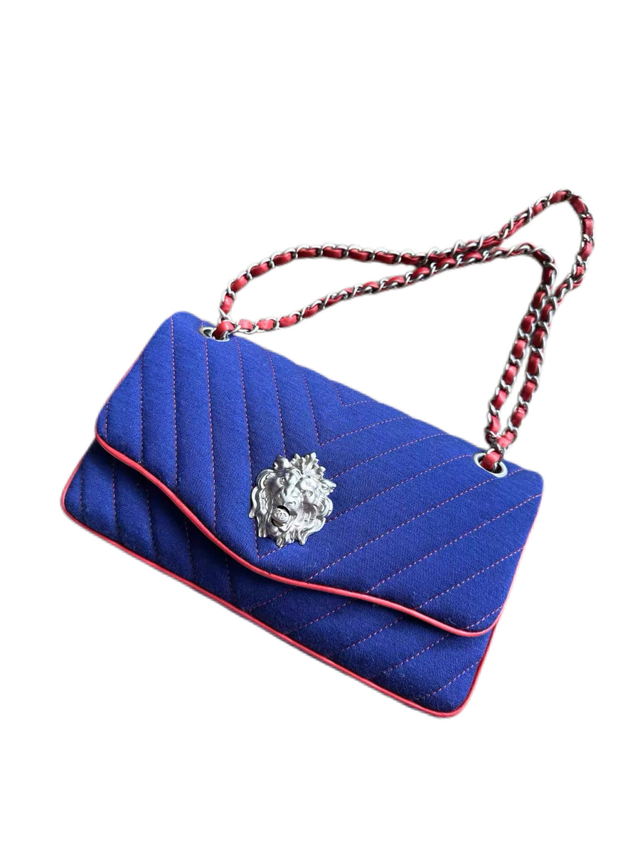 CHANEL Rare Lion Head Quilted Fabric Chain Shoulder Bag — Blue & Red