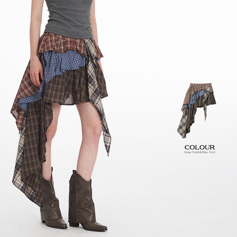 Irregular High Waist Plaid Patchwork Skirt for Women, Unique Sweet and Anti-Exposure Short Skirt