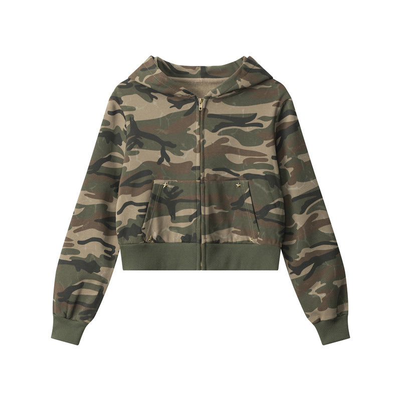 Camouflage short hot girl hooded sweatshirt for women2025Spring and Autumn Zipper Retro Cardigan Jacket