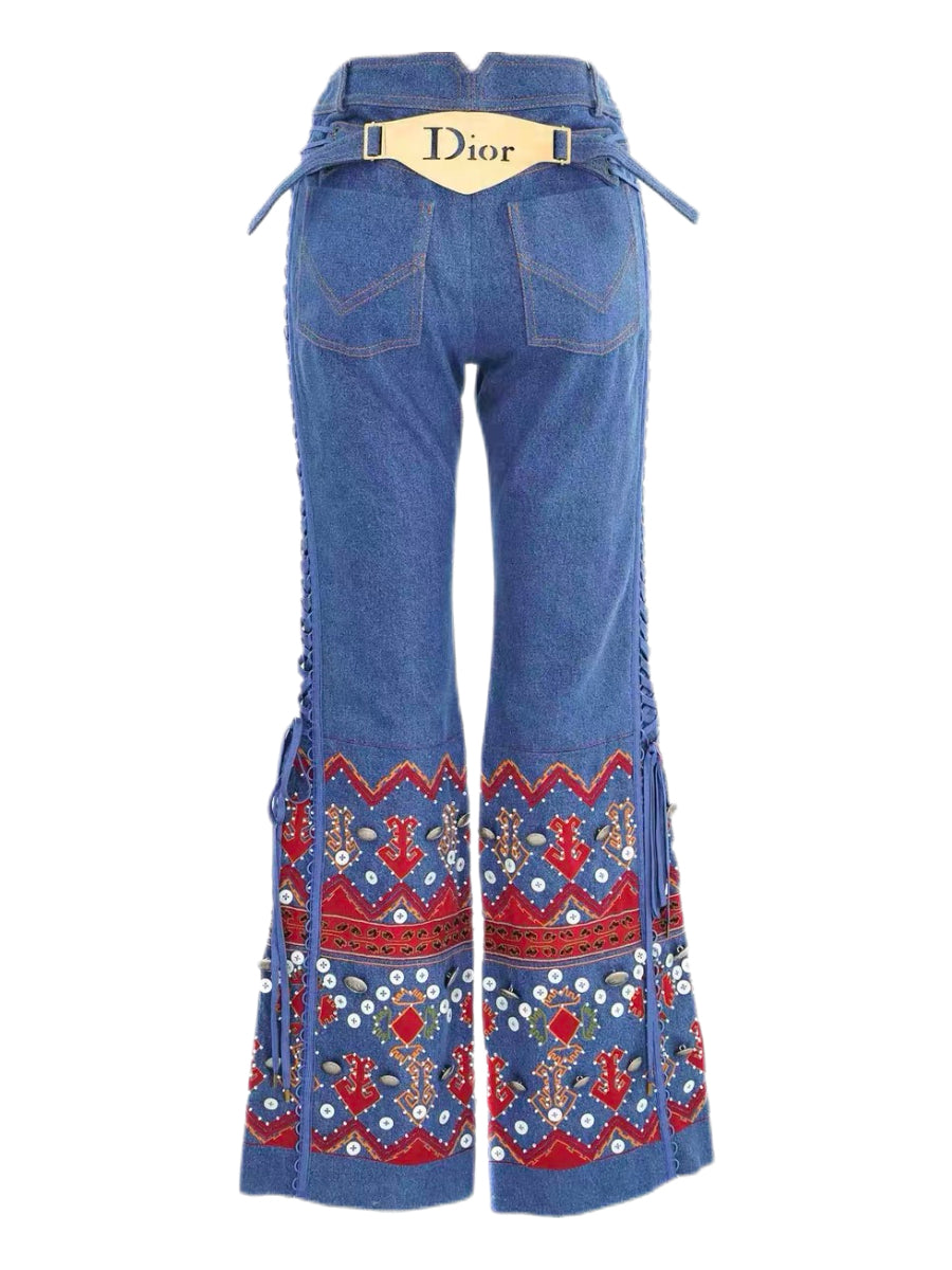 CHRISTIAN DIOR BY JOHN GALLIANO 2002 Runway Embroidered Denim Lace-Up Trousers with Mother-of-Pearl & Metal Waist Plaque