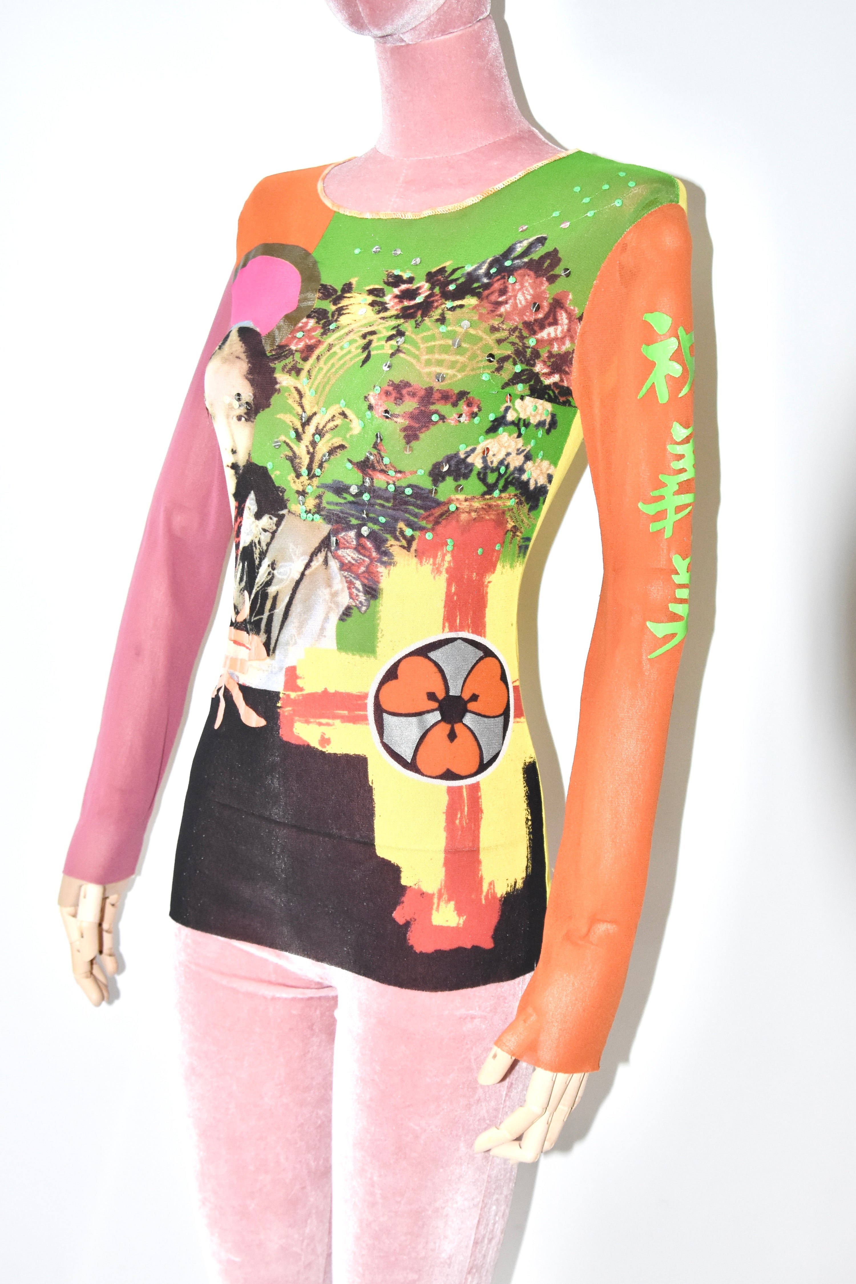 Jean Paul Gaultier Vintage Mesh Portrait Top with Chinese Characters