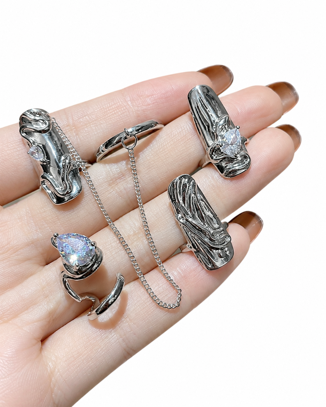 3D Sculptural Metal Nail Rings Set – Four-Piece Adjustable Chain Nail Ring Set | Unisex