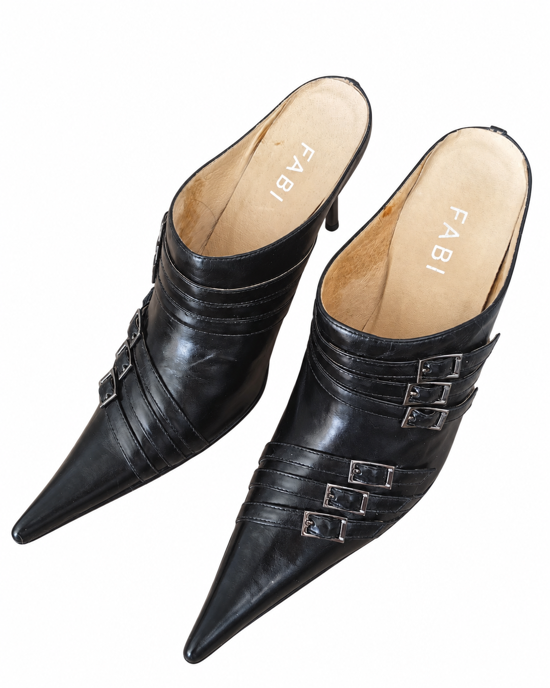 Vintage Italian Black Leather Buckle Pointed-Toe Mule Heels
