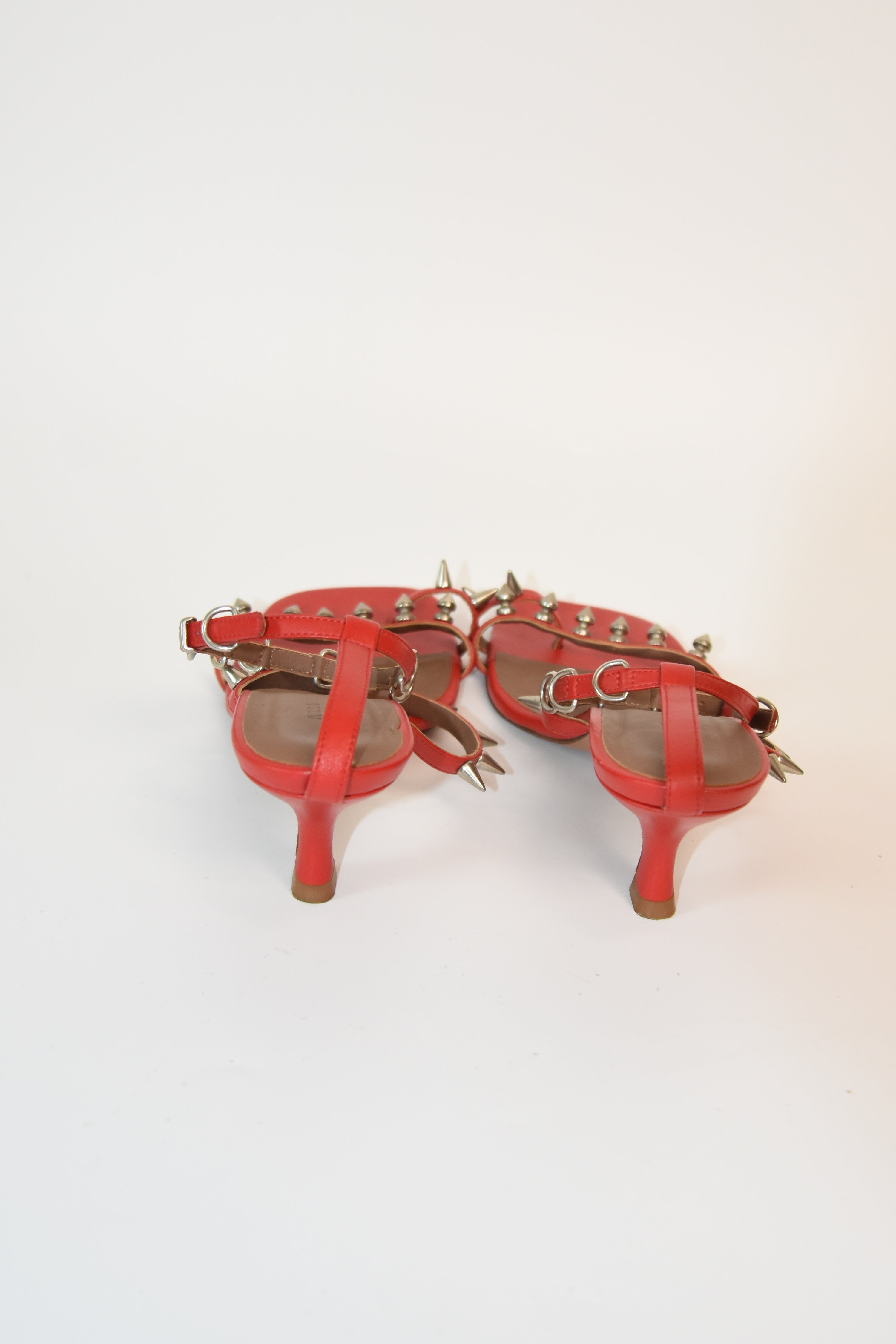 ABRA Spike-Strap Red Kitten Heel Sandals – Size 37 w/ Dust Bag & Box (Archive Minimalist)