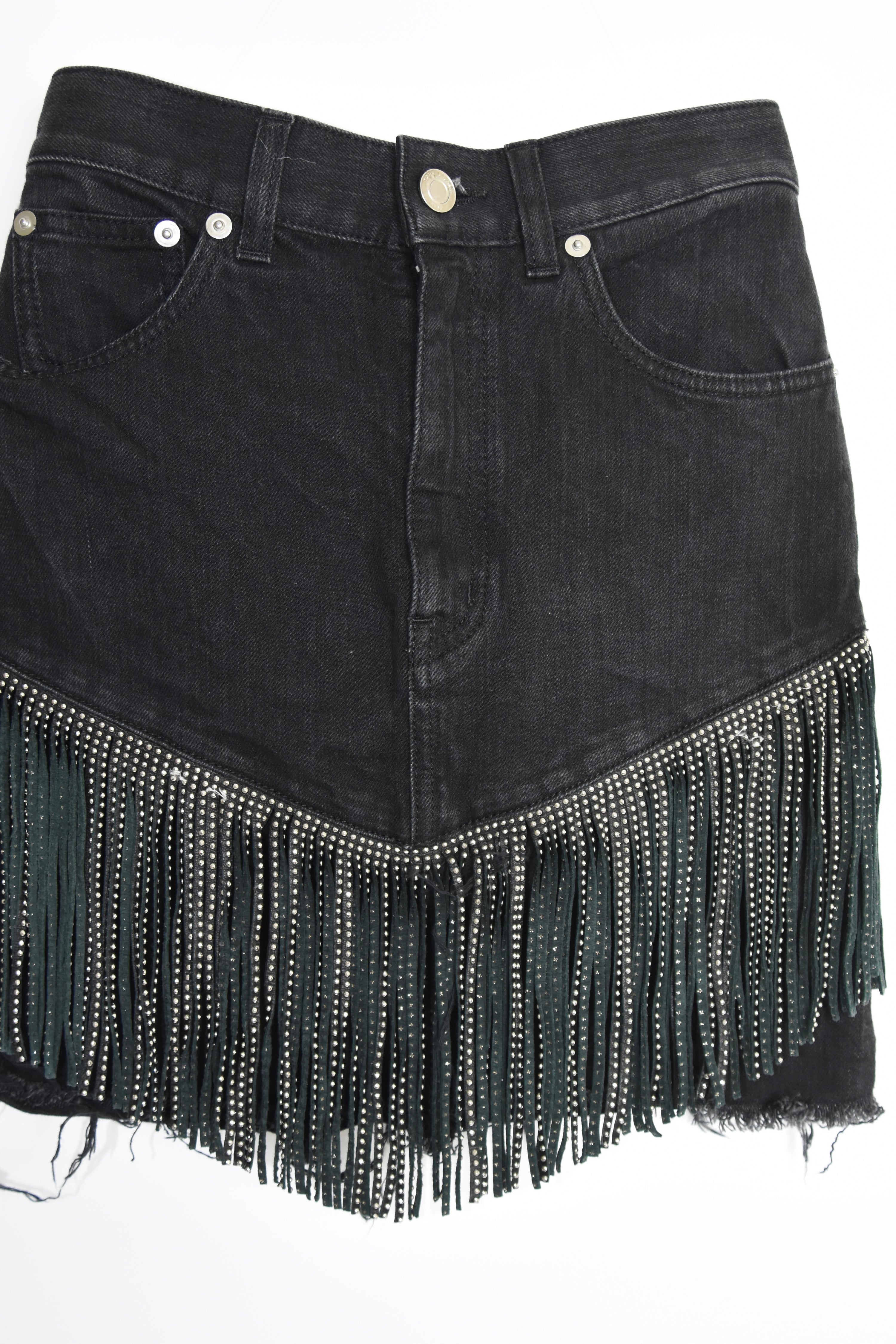 Saint Laurent Paris Embellished Fringe Denim Mini Skirt — Black Distressed High-Rise (Near New)
