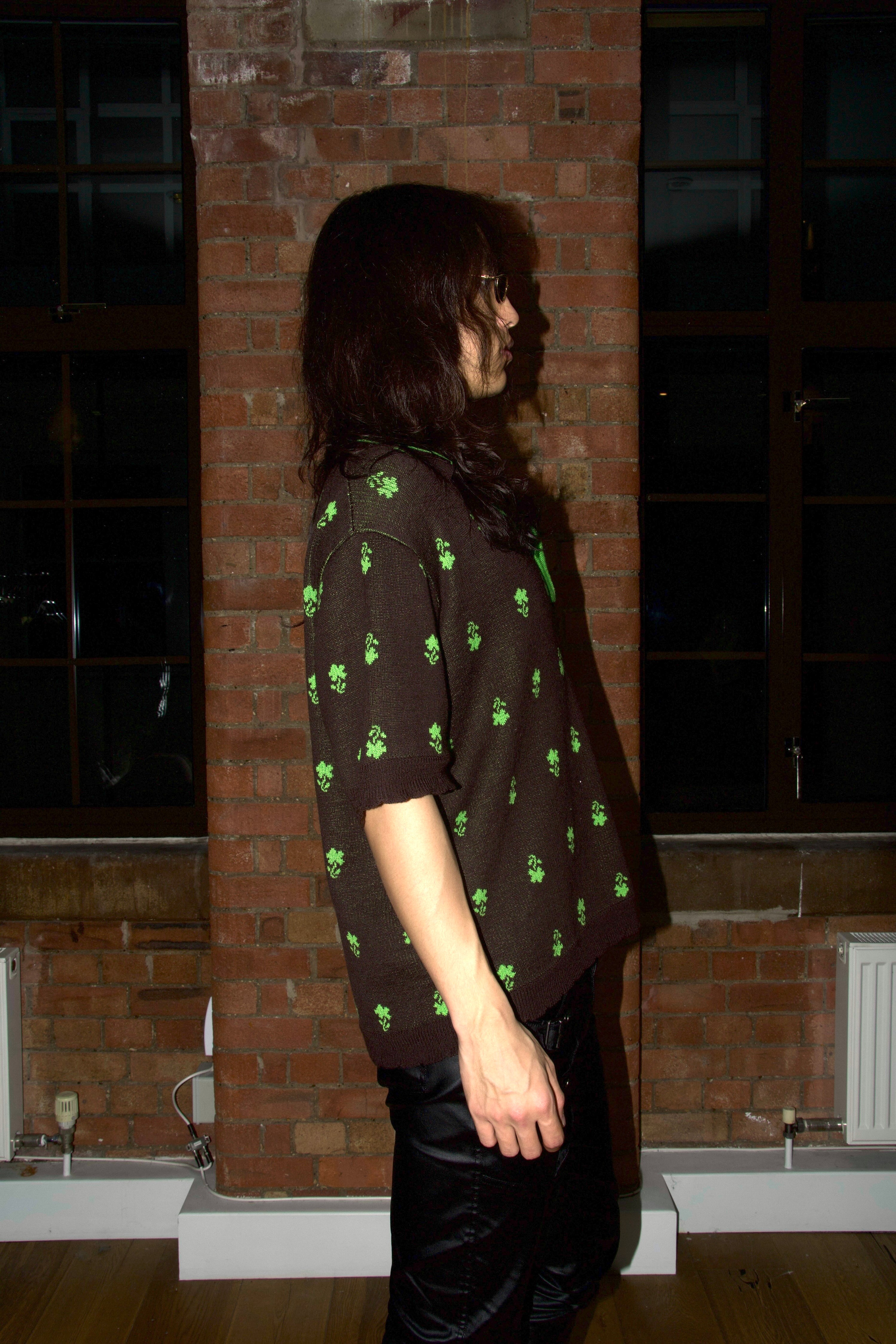 SKARULE Green Floral Jacquard Knit Polo Shirt