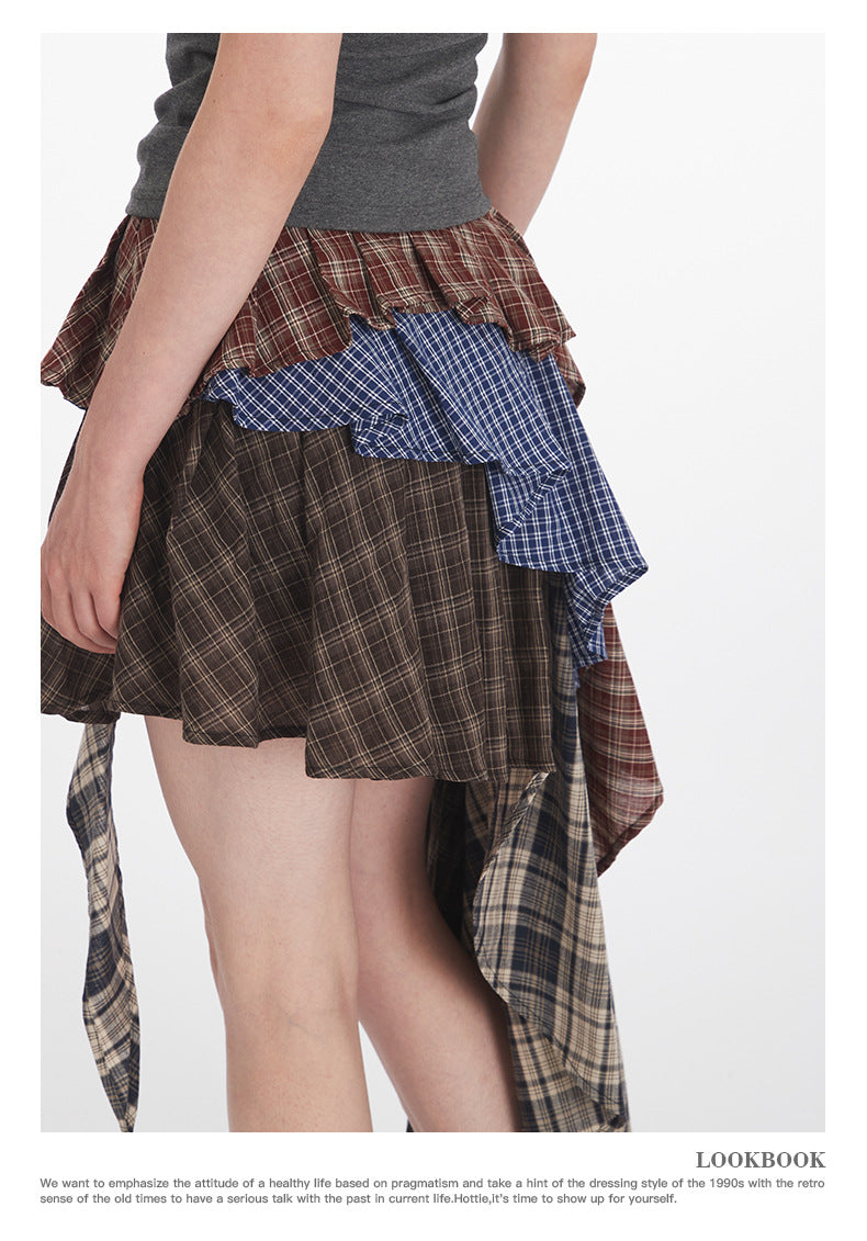 Irregular High Waist Plaid Patchwork Skirt for Women, Unique Sweet and Anti-Exposure Short Skirt