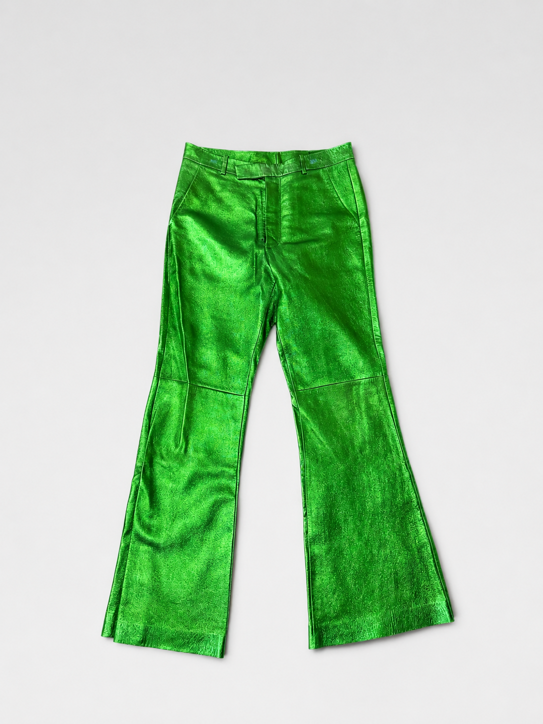 Gucci 2020 SS Runway Metallic Green Leather Flared Pants Rare Archive Piece Alessandro Michele Era