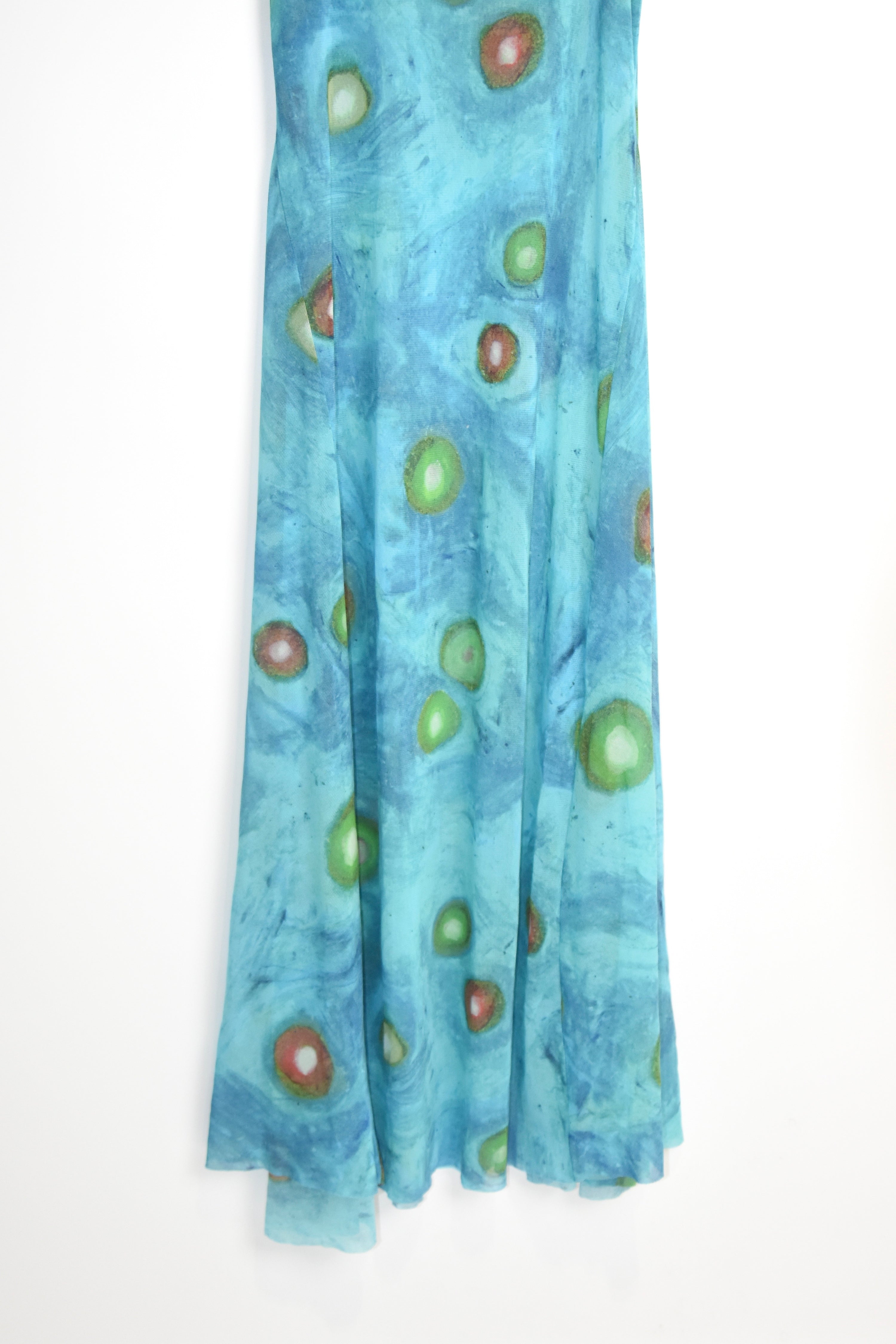 ISSEY MIYAKE Vintage Stretch Mesh Printed Tank Maxi Dress – Water Abstract Motif (Fits Women S–M)