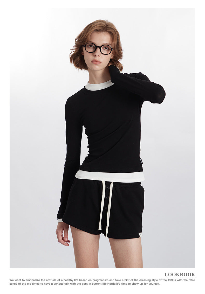 Color Block Trim Round Neck Long Sleeve T Women's New Slim Fit Shirt ins