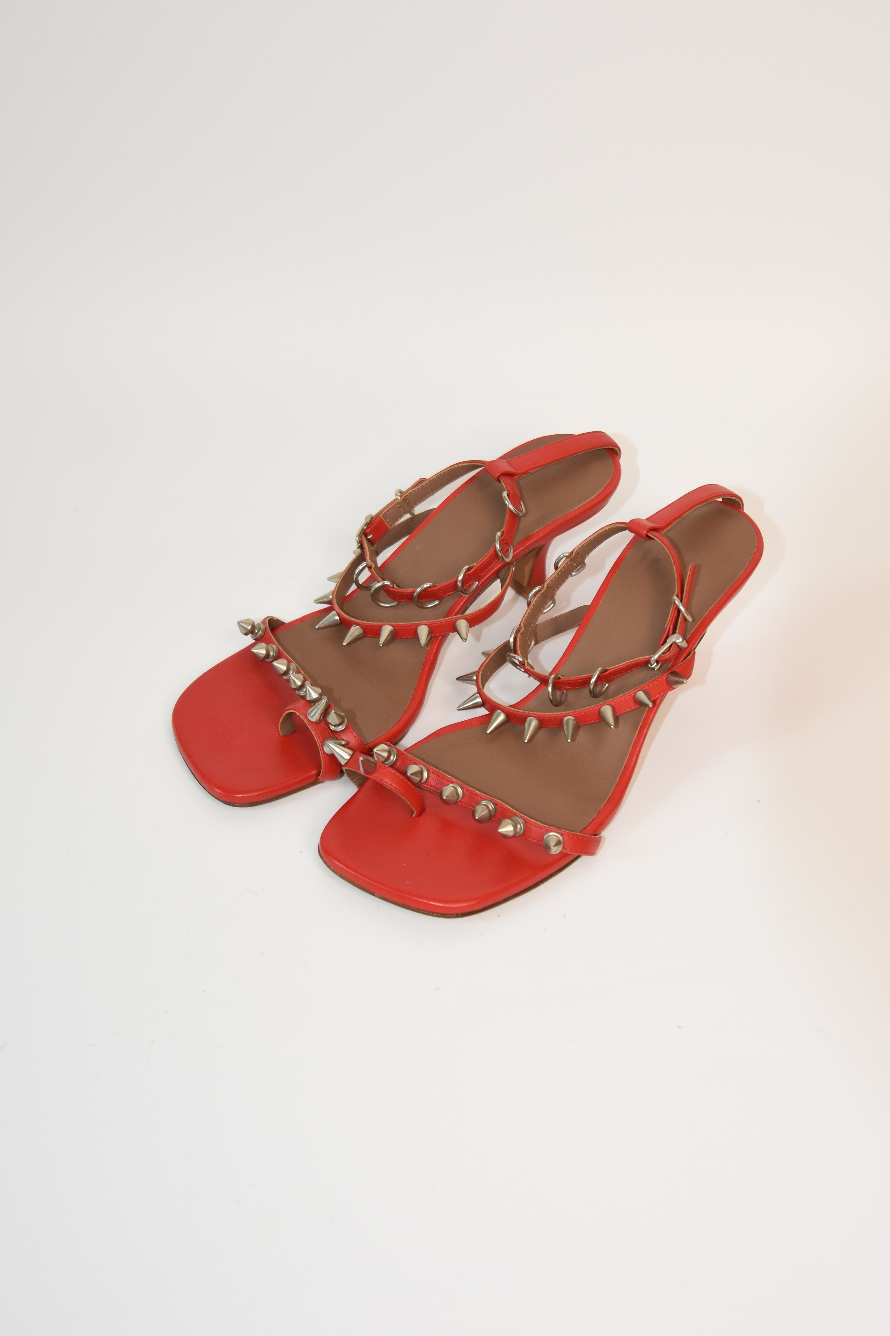 ABRA Spike-Strap Red Kitten Heel Sandals – Size 37 w/ Dust Bag & Box (Archive Minimalist)