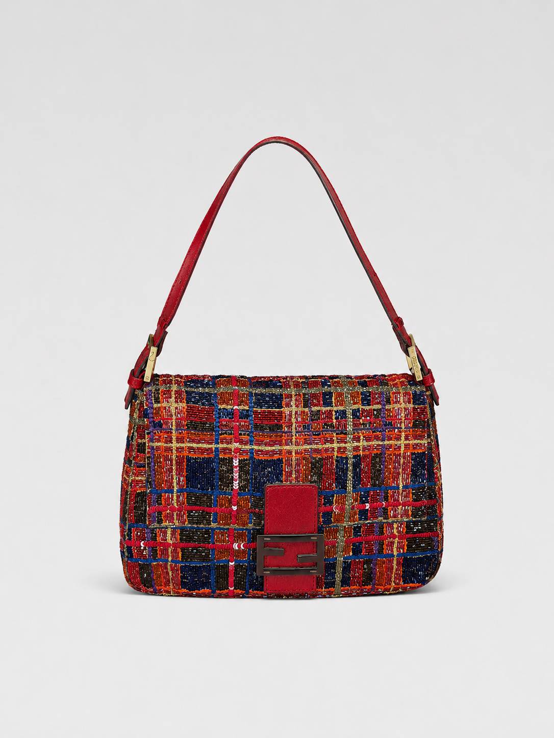 Fendi Multicolor Beaded Plaid Maxi Baguette Shoulder Bag – Rare Large Size Statement Piece