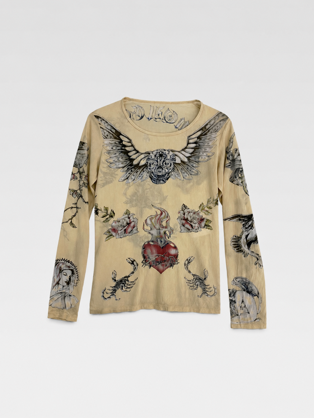 Alexander McQueen Tattoo Print Silk Mesh Top Gothic Sacred Heart Skull Graphic Rare Archive Piece
