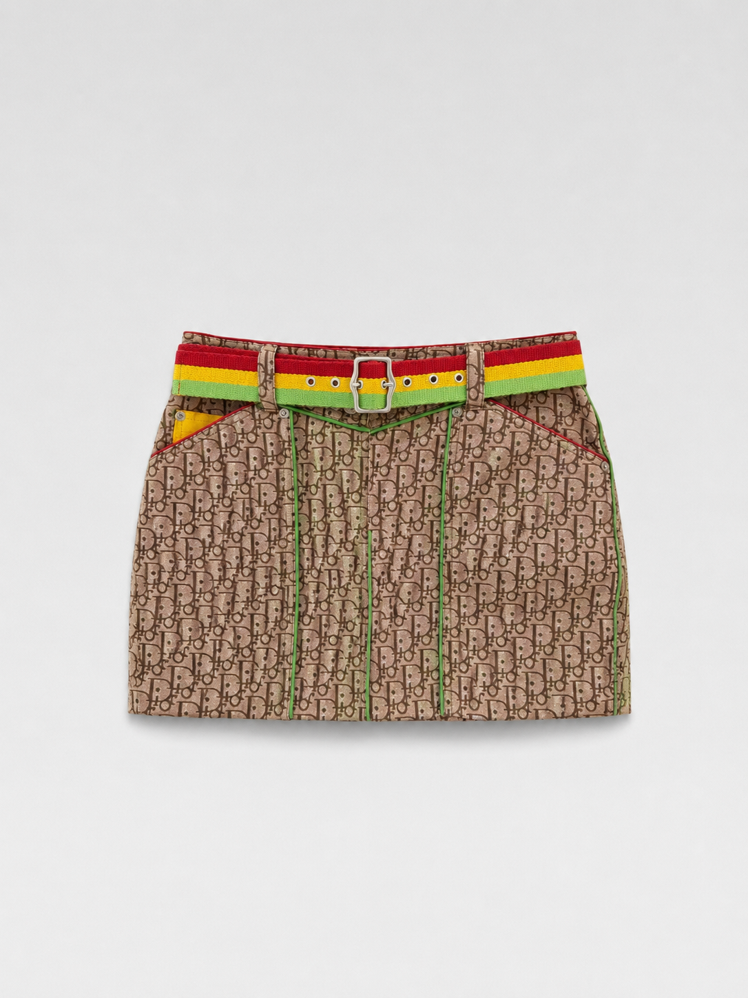 CHRISTIAN DIOR BY JOHN GALLIANO Rare Jamaica Rainbow Oblique Belt Mini Skirt