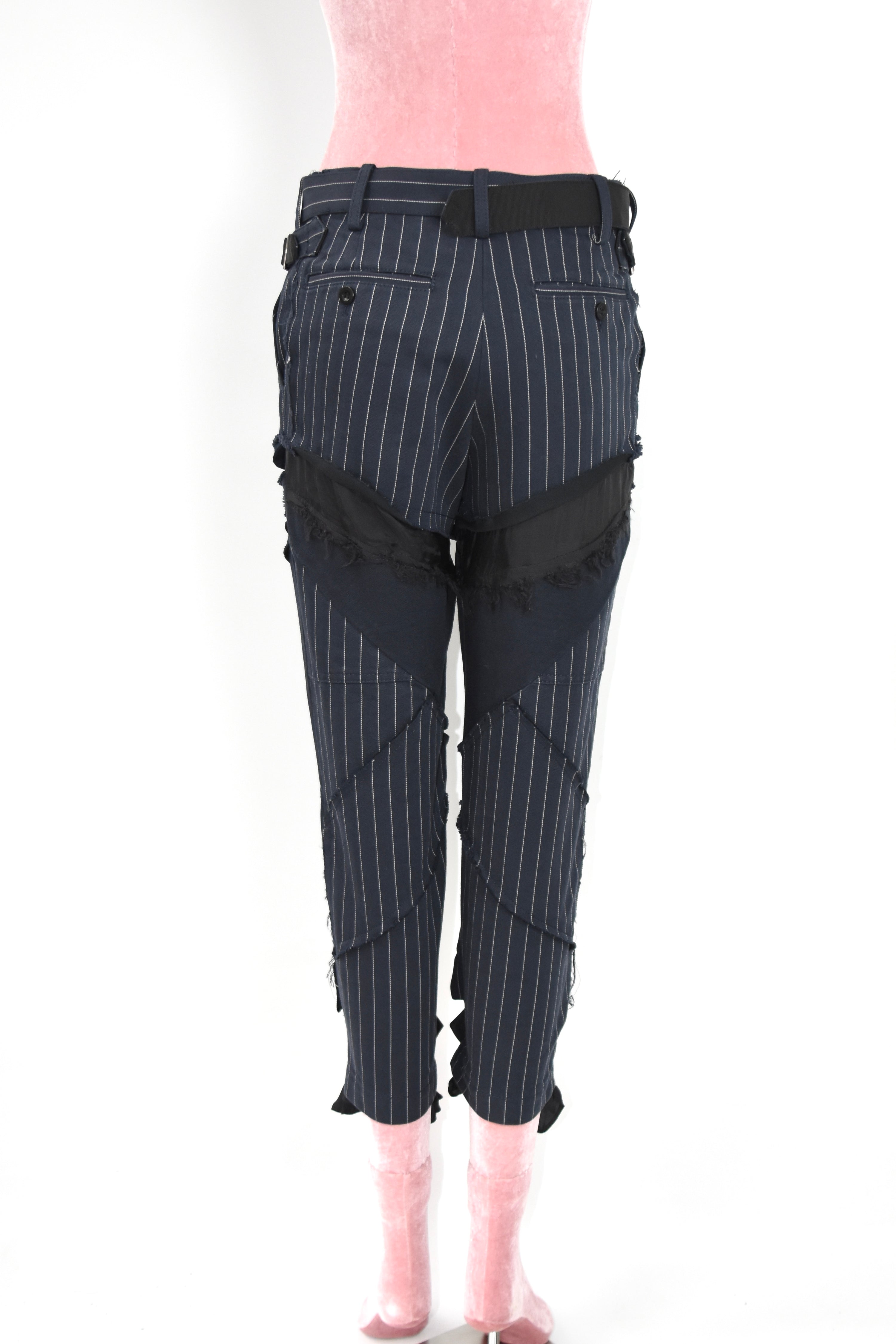 SACAI Hybrid Pinstripe Panel Deconstructed Pants – Model 18-03791 – Size 0 (Runway Construction / Japan Made)