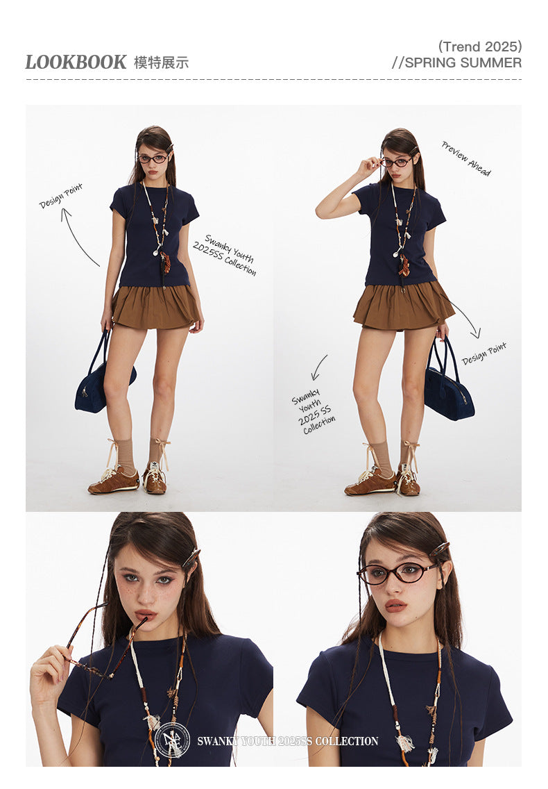 Basic Style Solid Color t Women's Short Sleeve Slim Fit Round Neck Short Top Summer